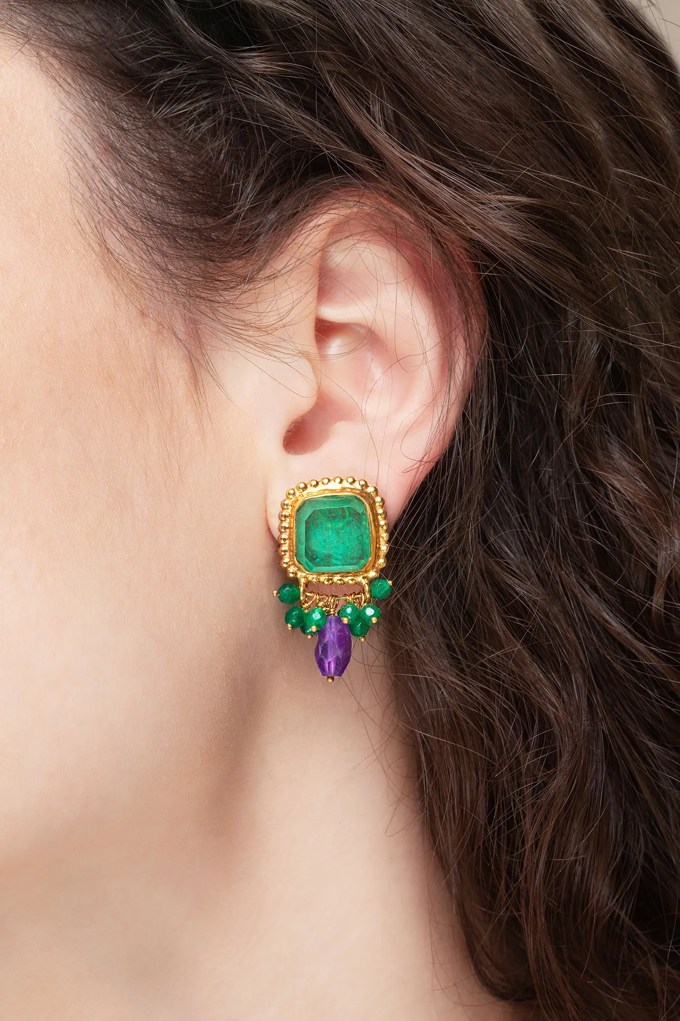 Handmade Jewellery | Aventurine gold plated silver earrings combined with green agate and amethyst gallery 1