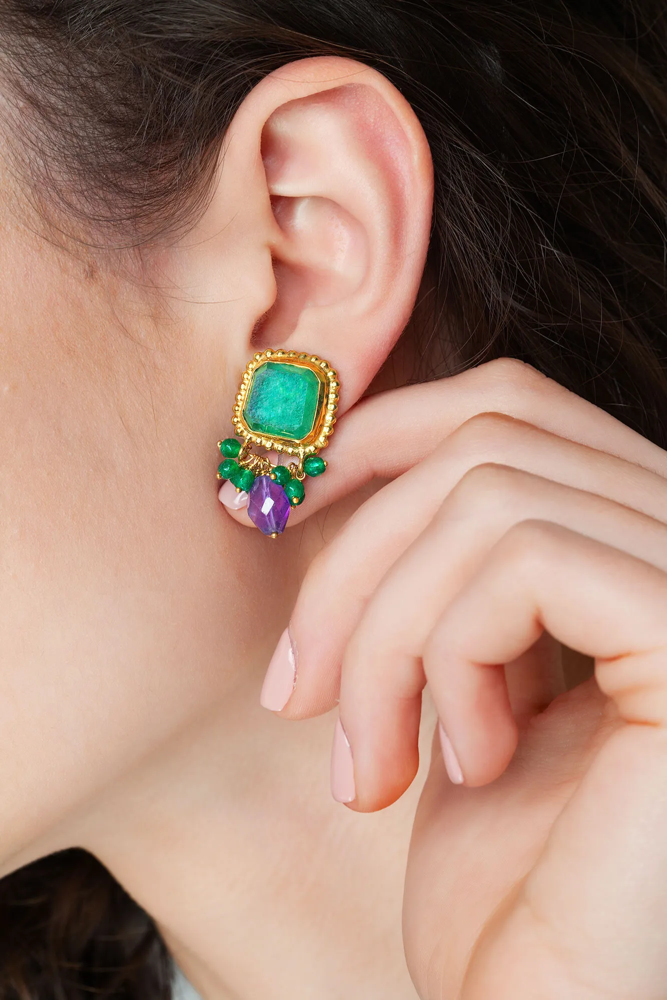 Handmade Jewellery | Aventurine gold plated silver earrings combined with green agate and amethyst gallery 2