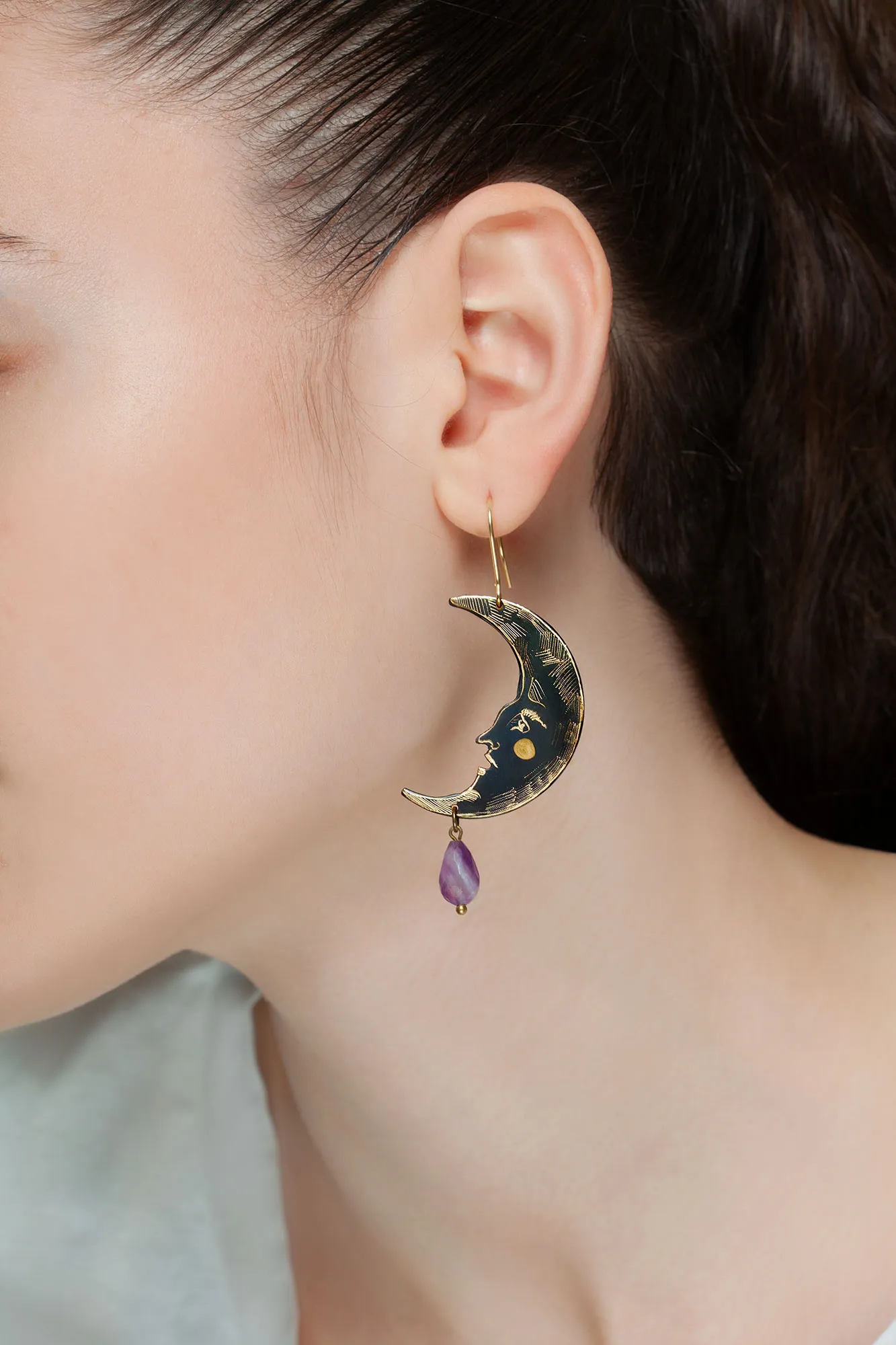 Handmade Jewellery | Moon Handmade engraved bronze earrings with amethyst gallery 1