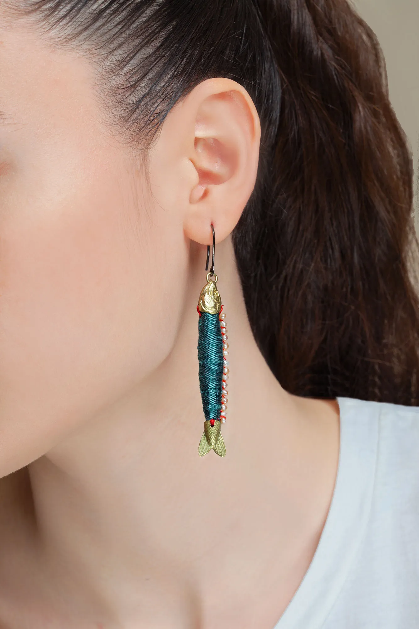 Handmade Jewellery | Fish bronze earrings with silk and pearls gallery 1