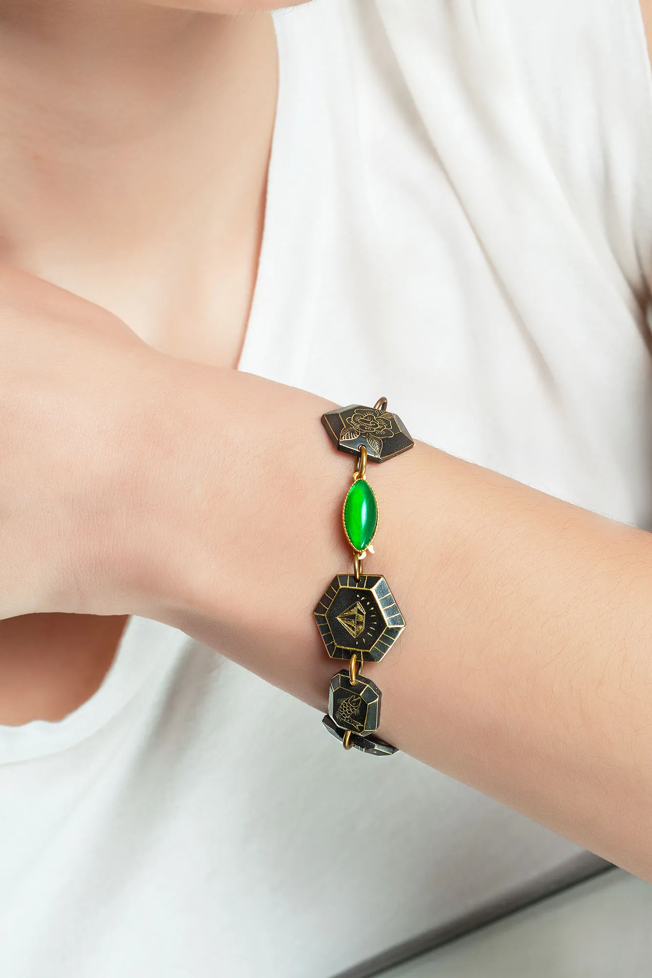 Handmade Jewellery | Engraved bronze bracelet with different themes and green jade at the buckle gallery 2