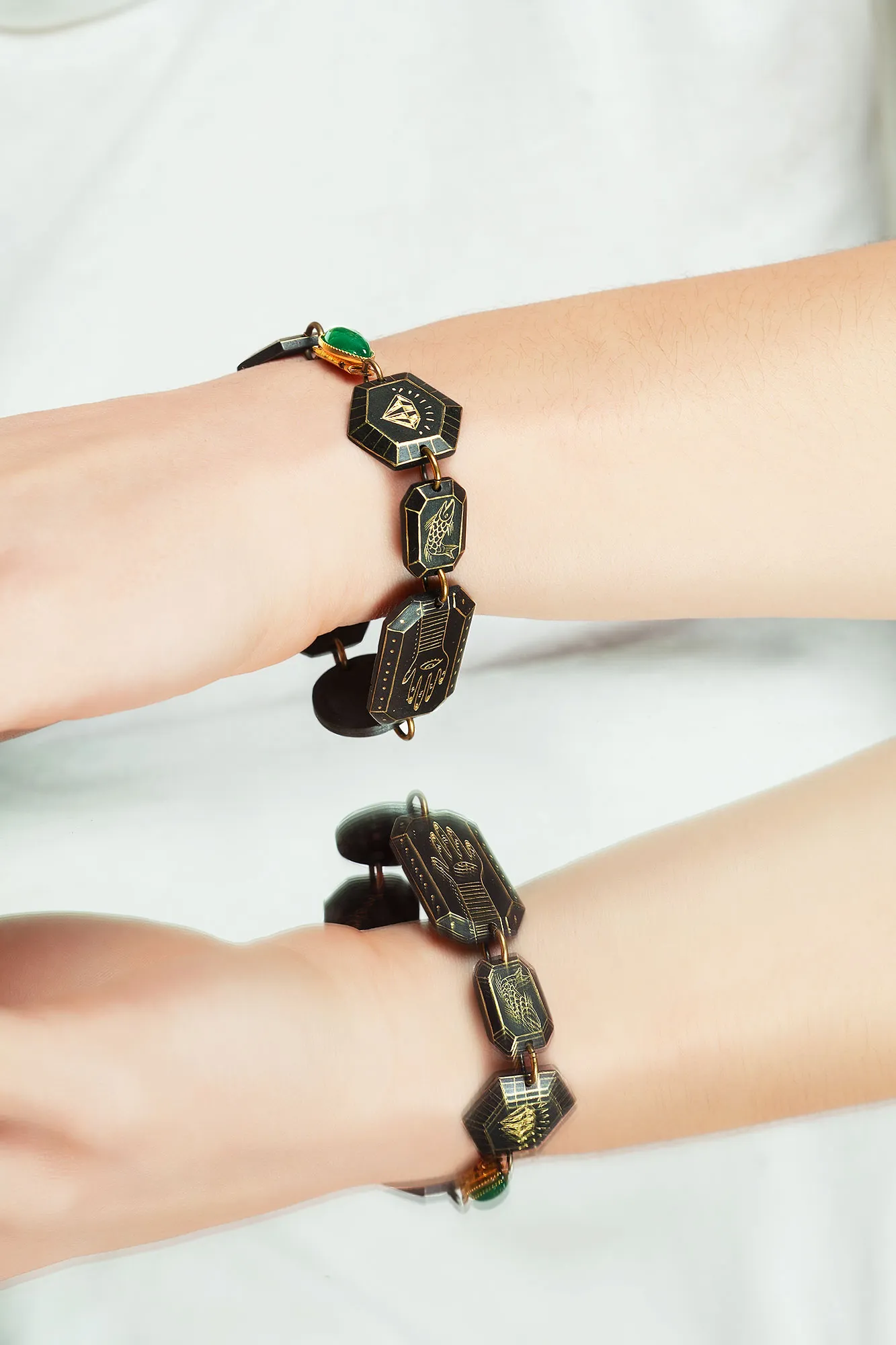 Handmade Jewellery | Engraved bronze bracelet with different themes and green jade at the buckle gallery 1