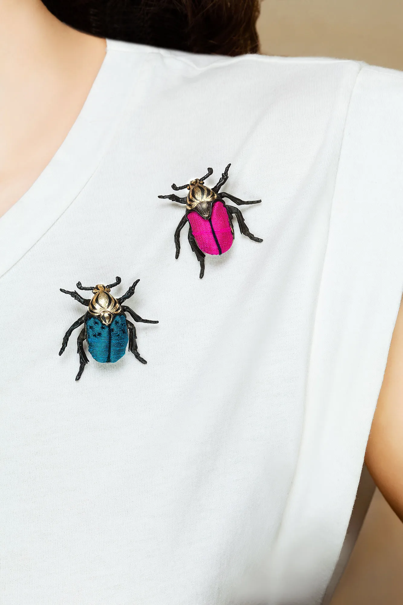 Handmade Jewellery | Beetle black bronze brooch combined with blue silk fabric gallery 1