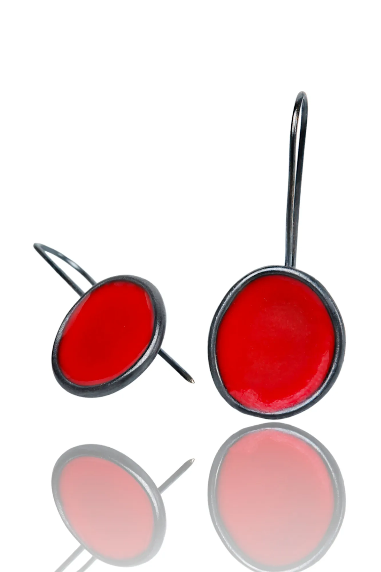 Handmade Jewellery | Silver earrings black rhodium plated with red enamel gallery 1