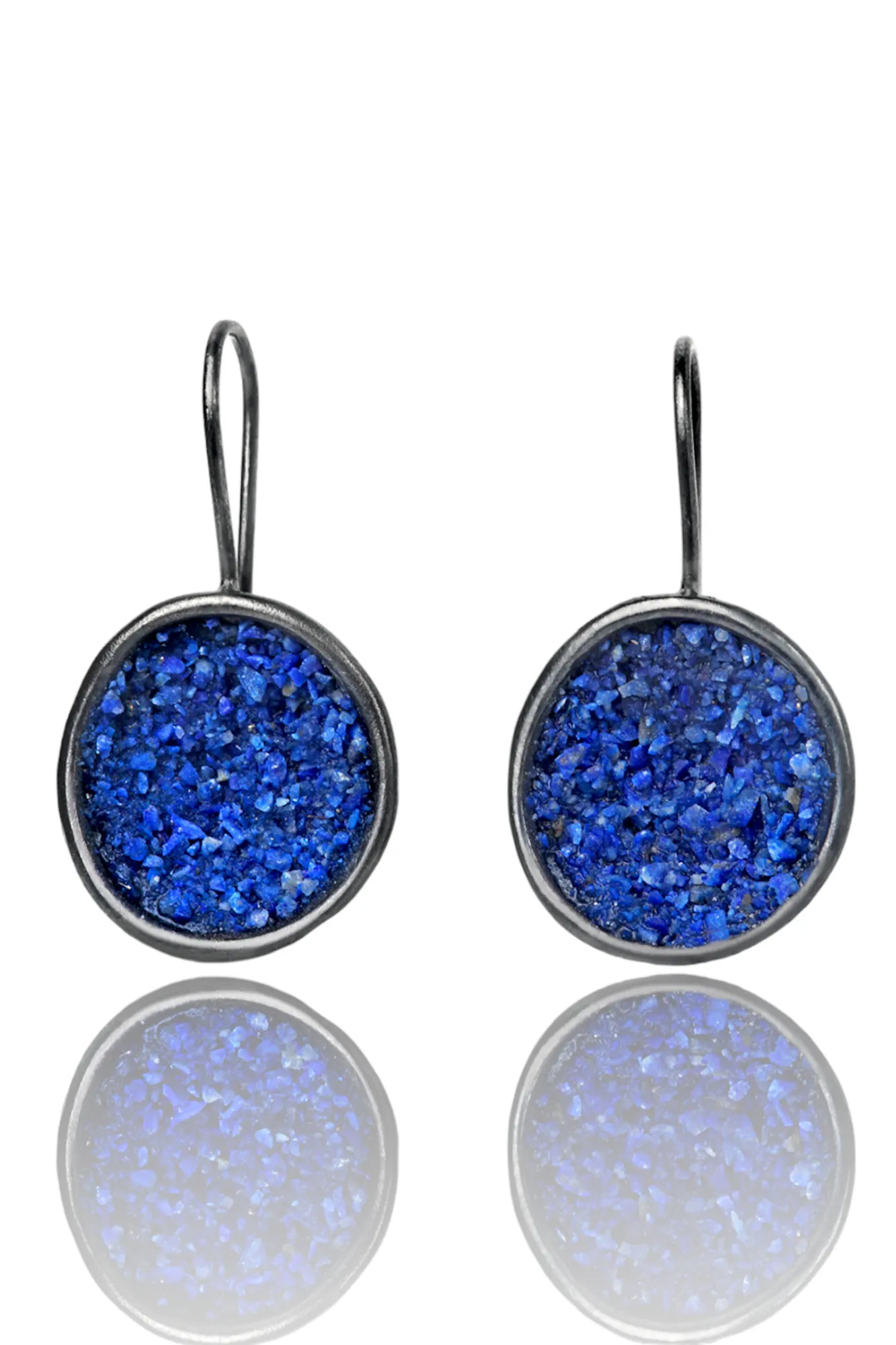 Handmade Jewellery | Round black rhodium plated earrings with lapis lazuli main