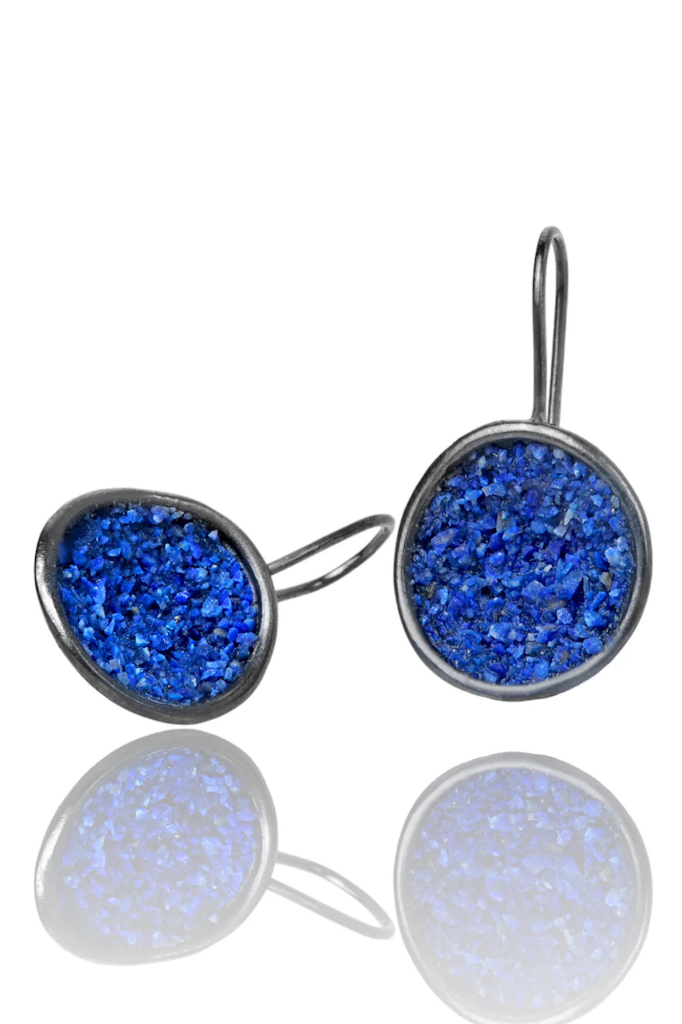 Handmade Jewellery | Round black rhodium plated earrings with lapis lazuli gallery 1