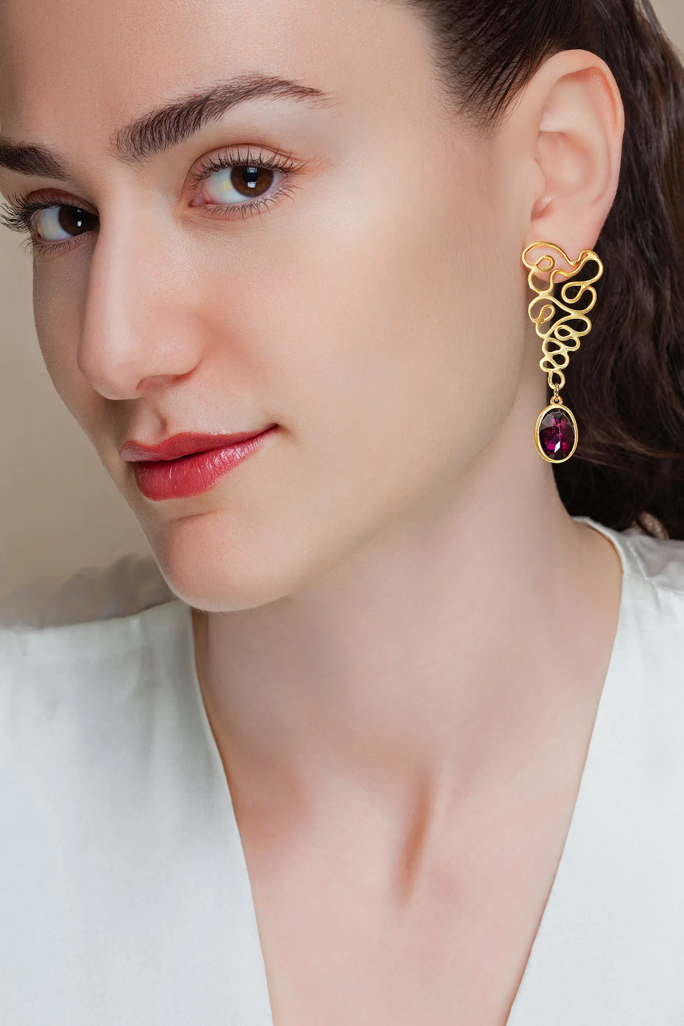 Handmade Jewellery | Waves gold plated earrings with amethyst gallery 1