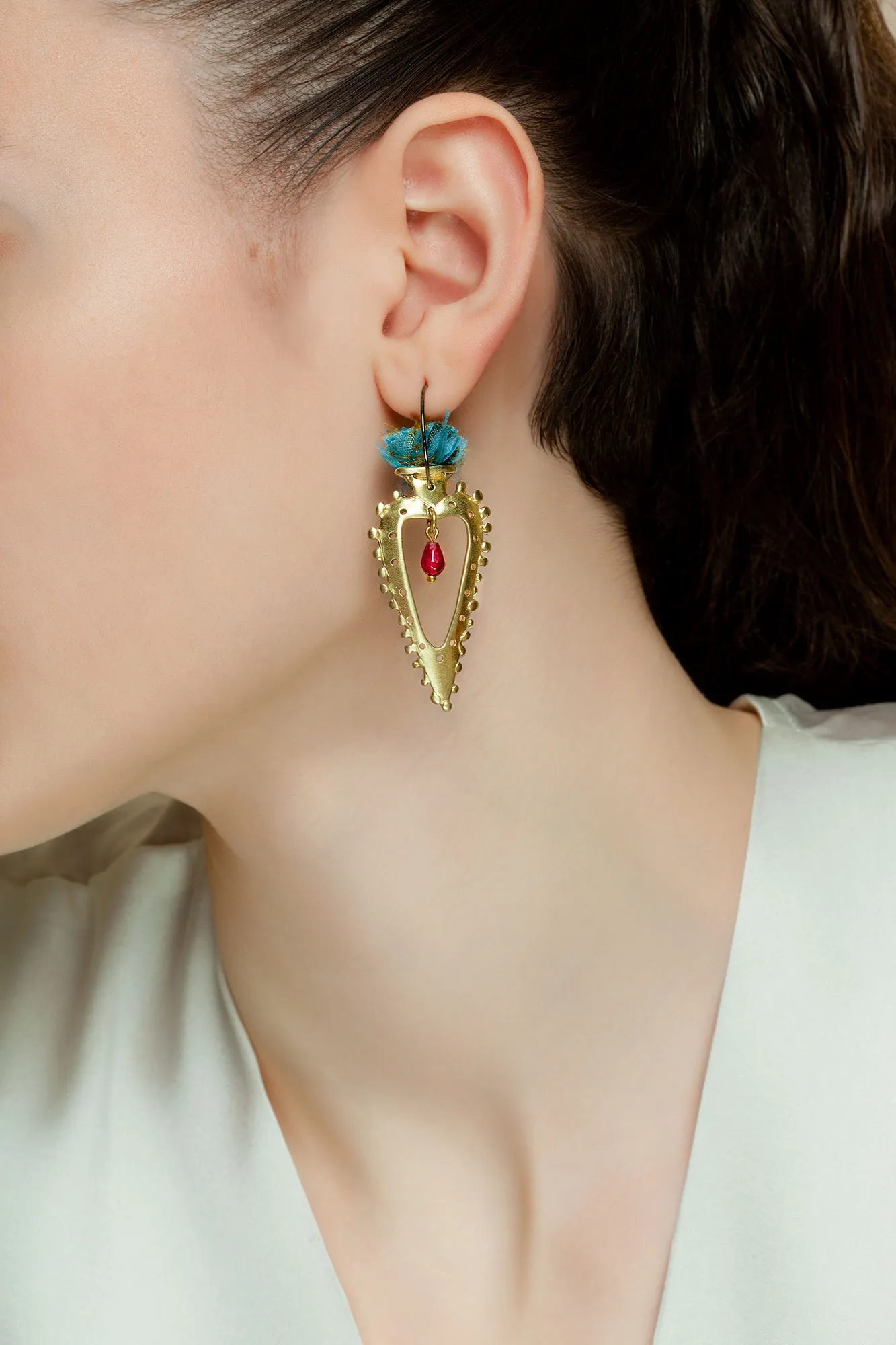 Handmade Jewellery | Heart gold plated bronze earrings with fabrics gallery 1