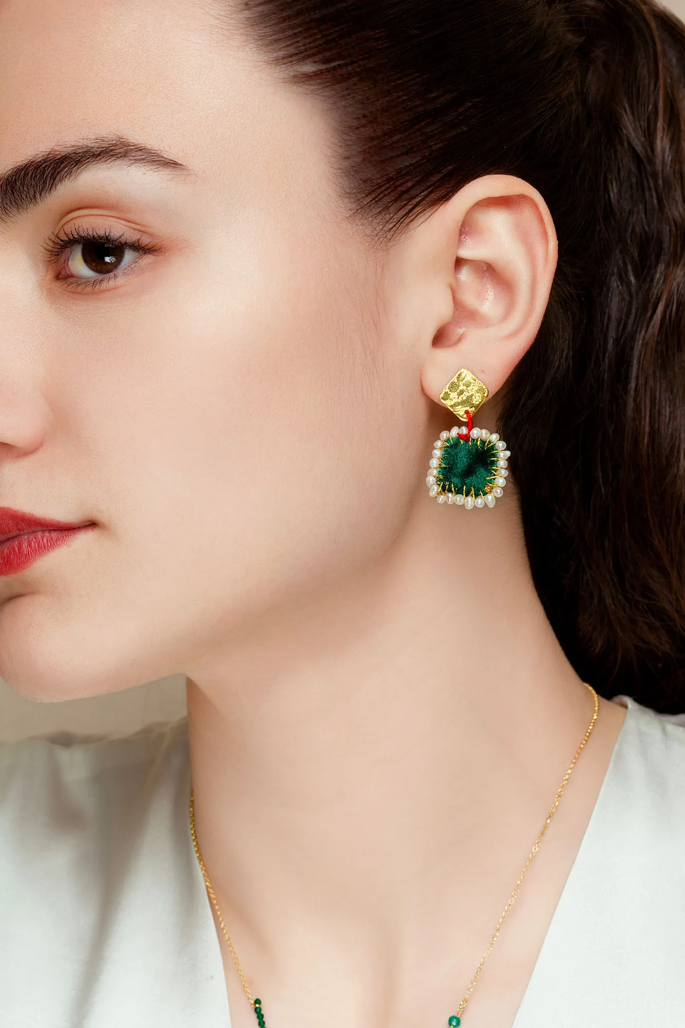 Handmade Jewellery | Textured gold plated silver earrings with green velvet and pearls gallery 1