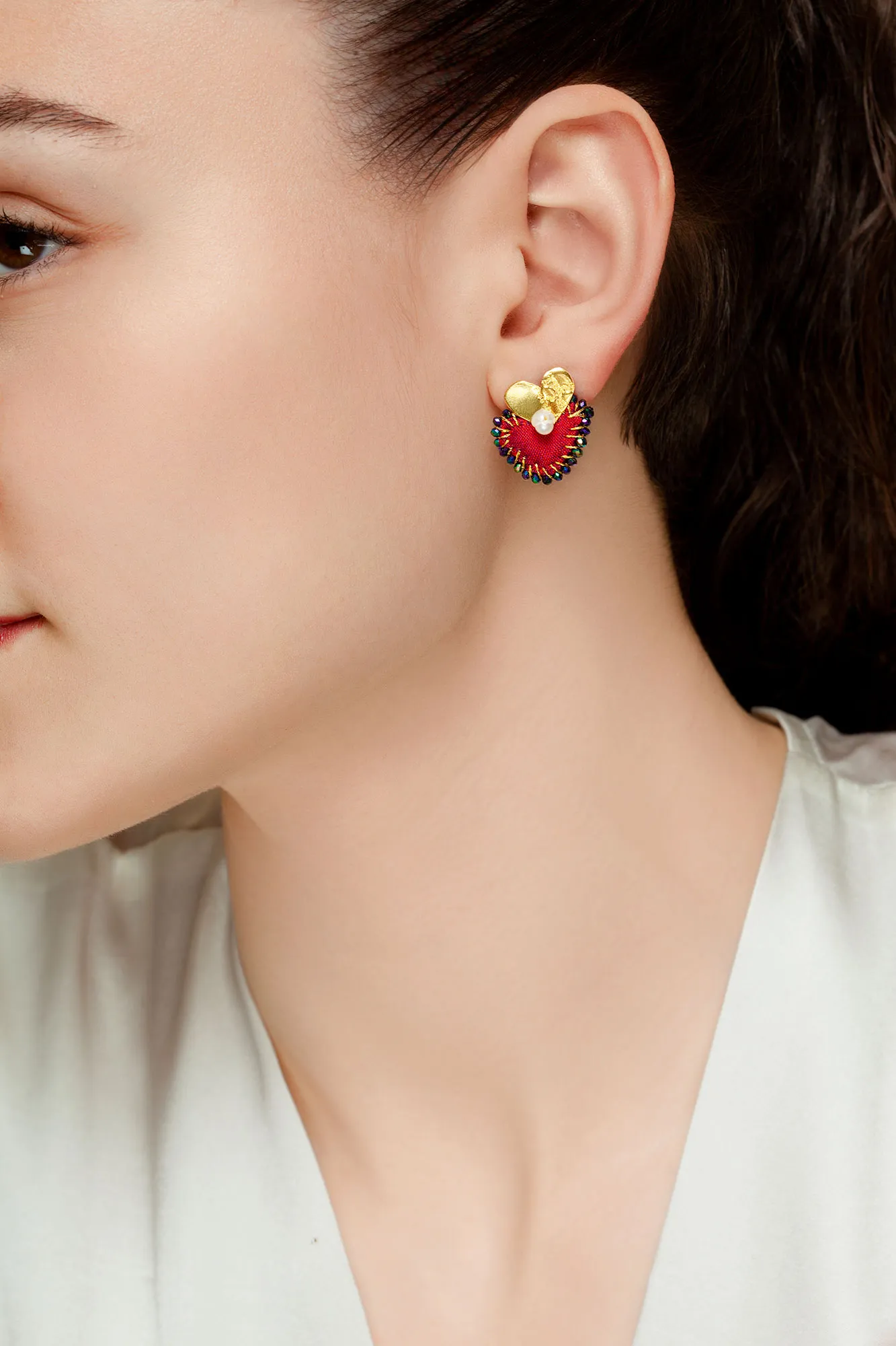 Handmade Jewellery | Hearts gold plated silver earrings with red fabric gallery 1