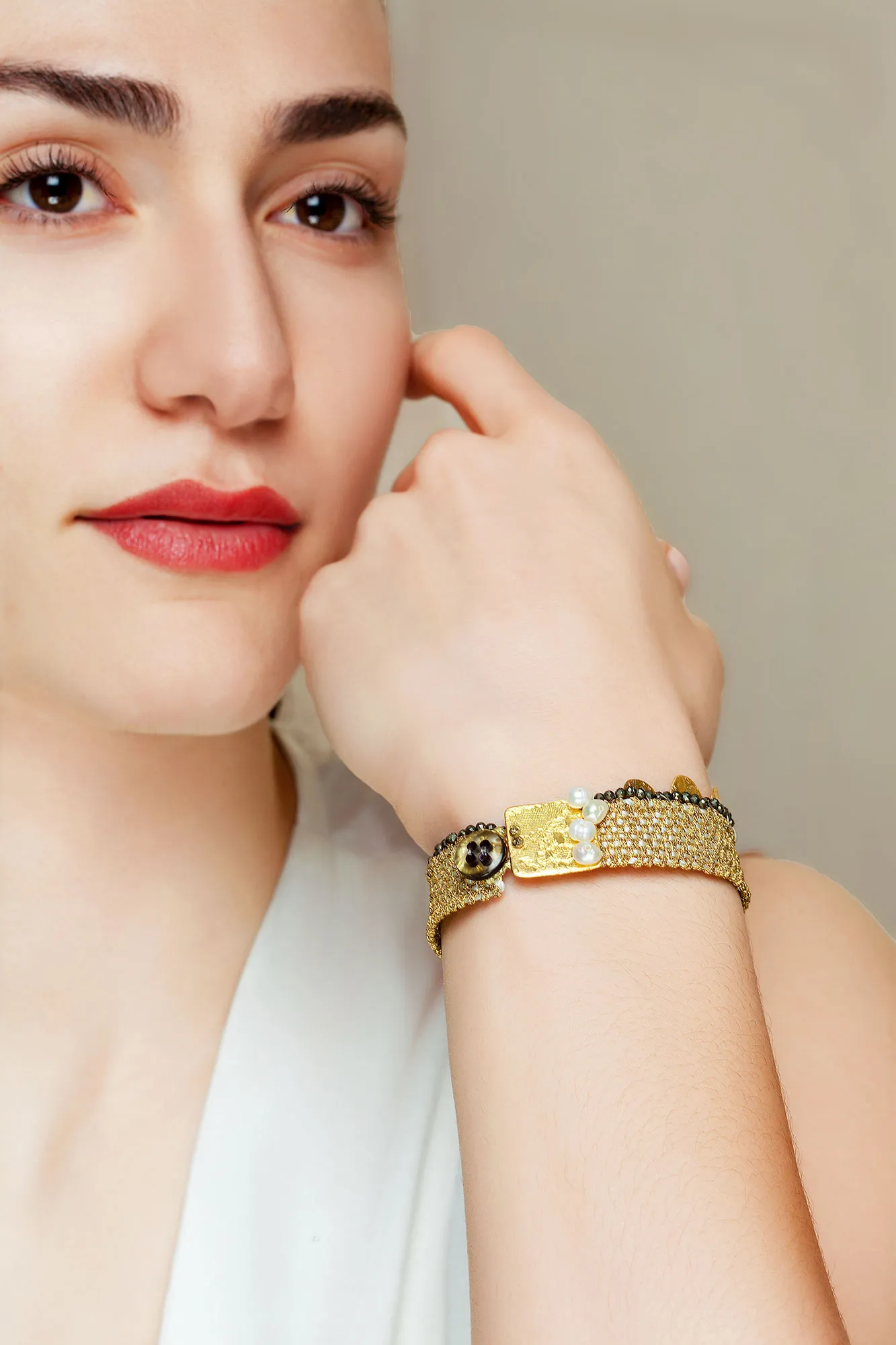 Handmade Jewellery | Woven bracelet with gold plated silver and pyrite gallery 1