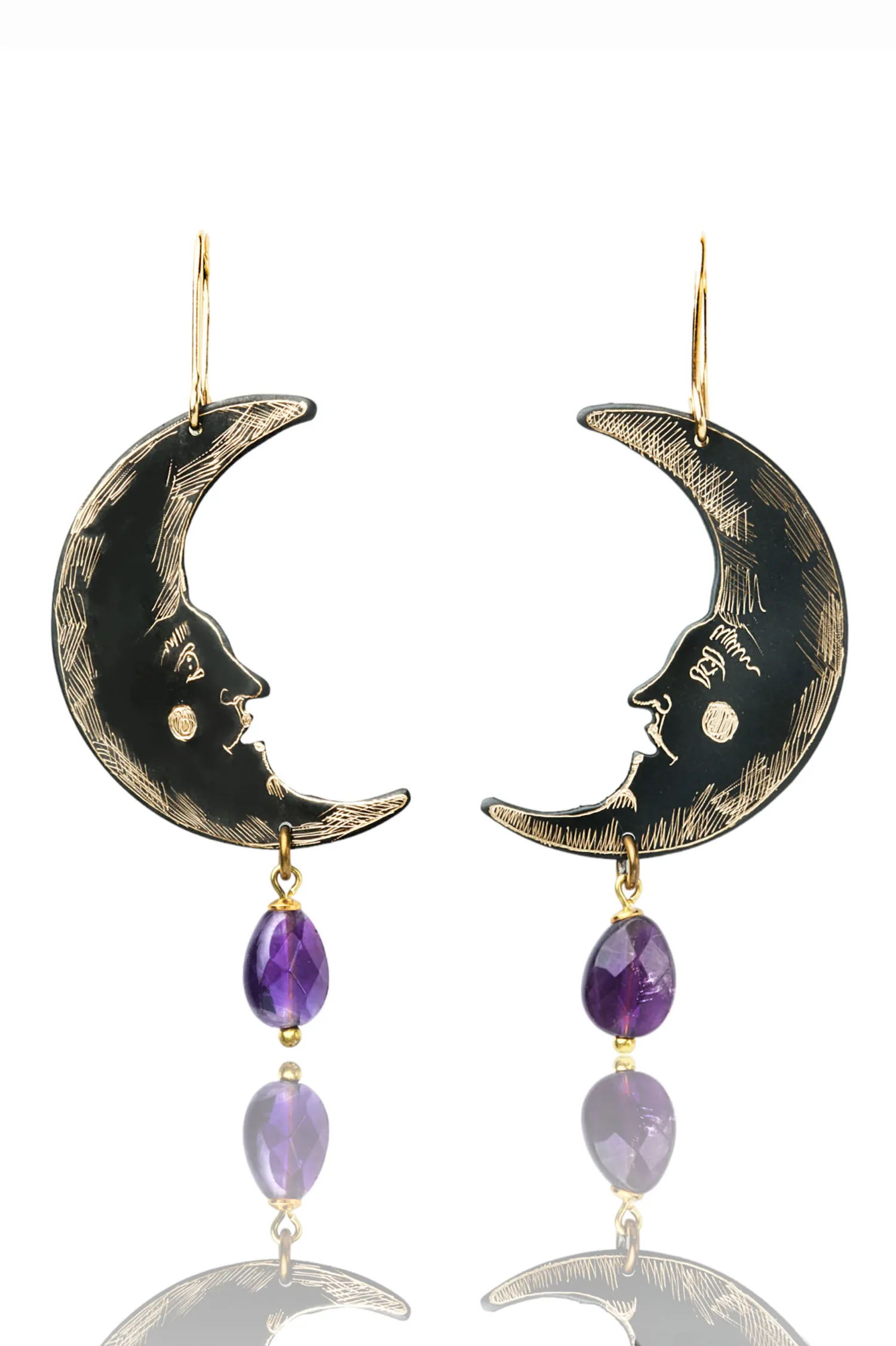 Handmade Jewellery | Moon Handmade engraved bronze earrings with amethyst main