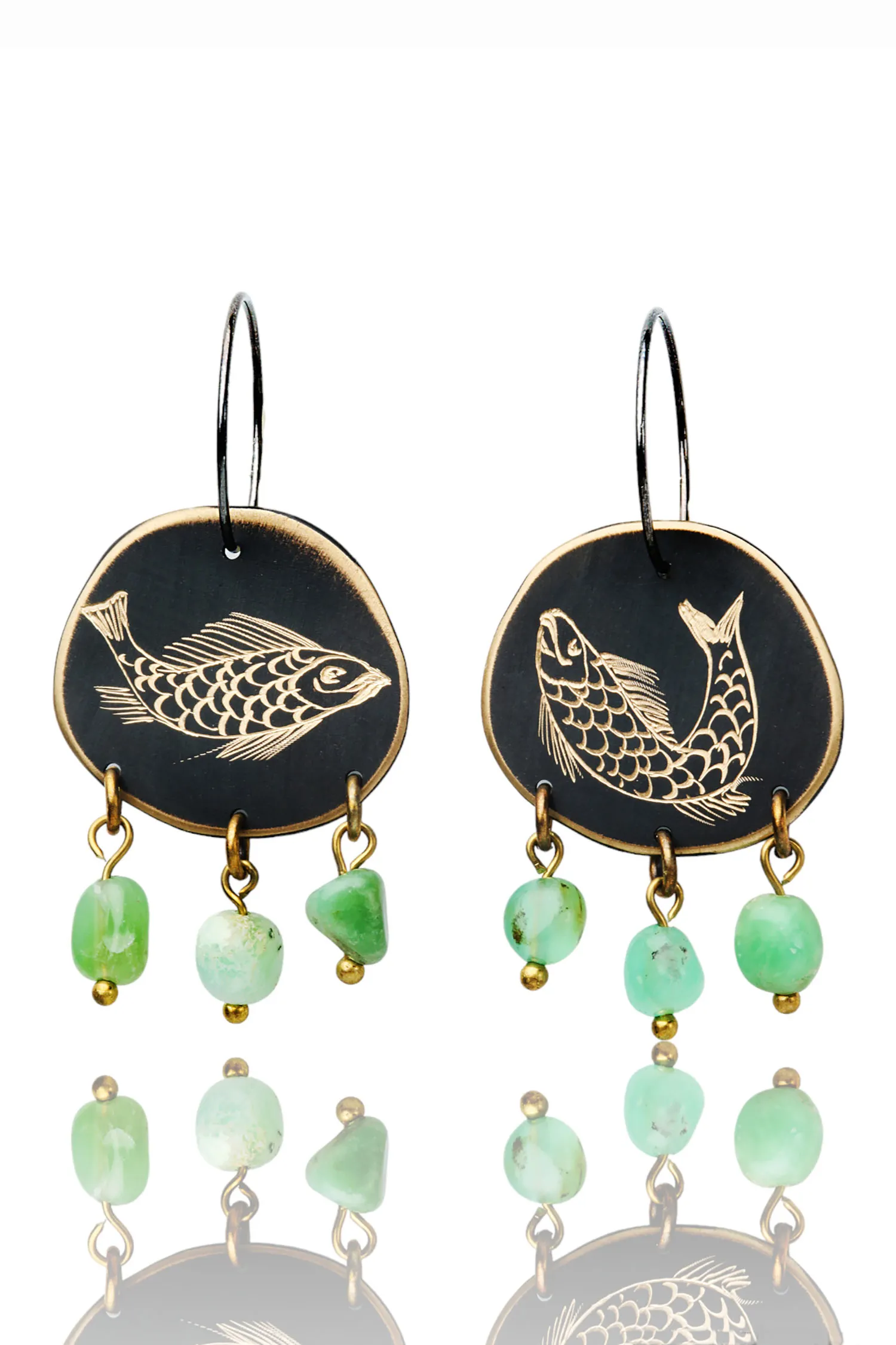 Fish engraved earrings with chrysoprase