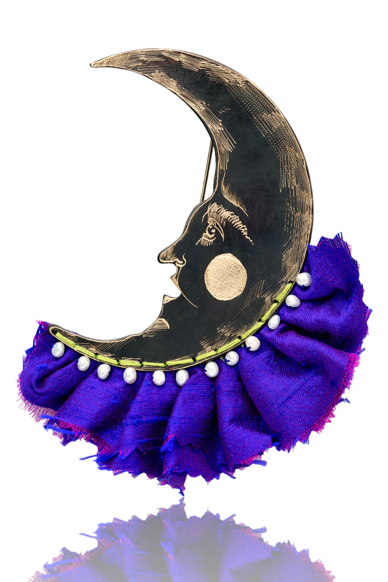 Moon engraved bronze and purple silk brooch