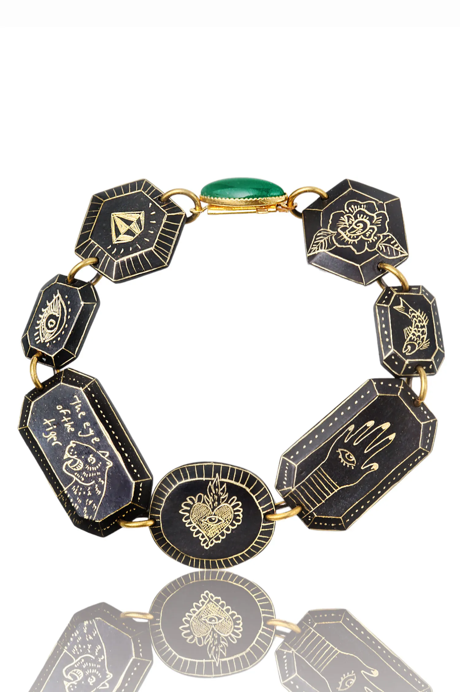 Handmade Jewellery | Engraved bronze bracelet with different themes and green jade at the buckle main