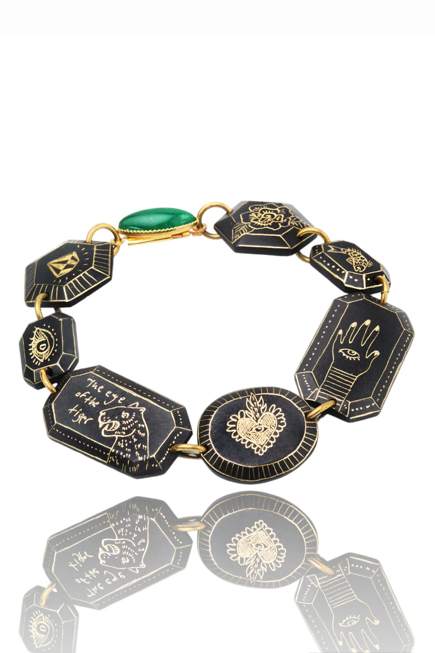 Handmade Jewellery | Engraved bronze bracelet with different themes and green jade at the buckle gallery 3