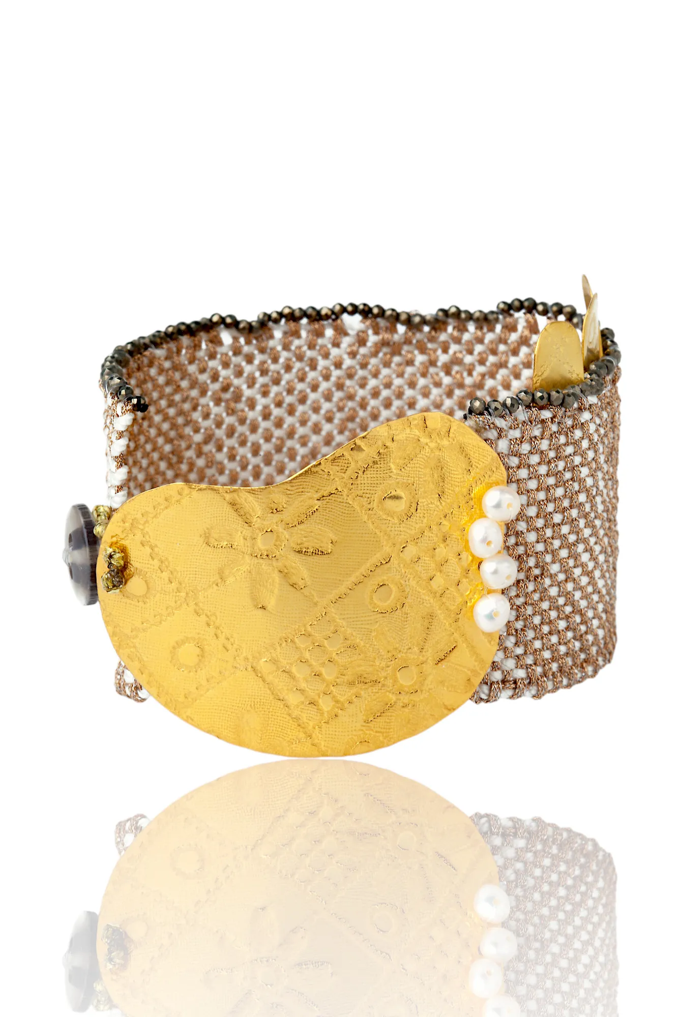 Handmade Jewellery | Woven light brown bracelet with gold plated silver and pyrite gallery 3