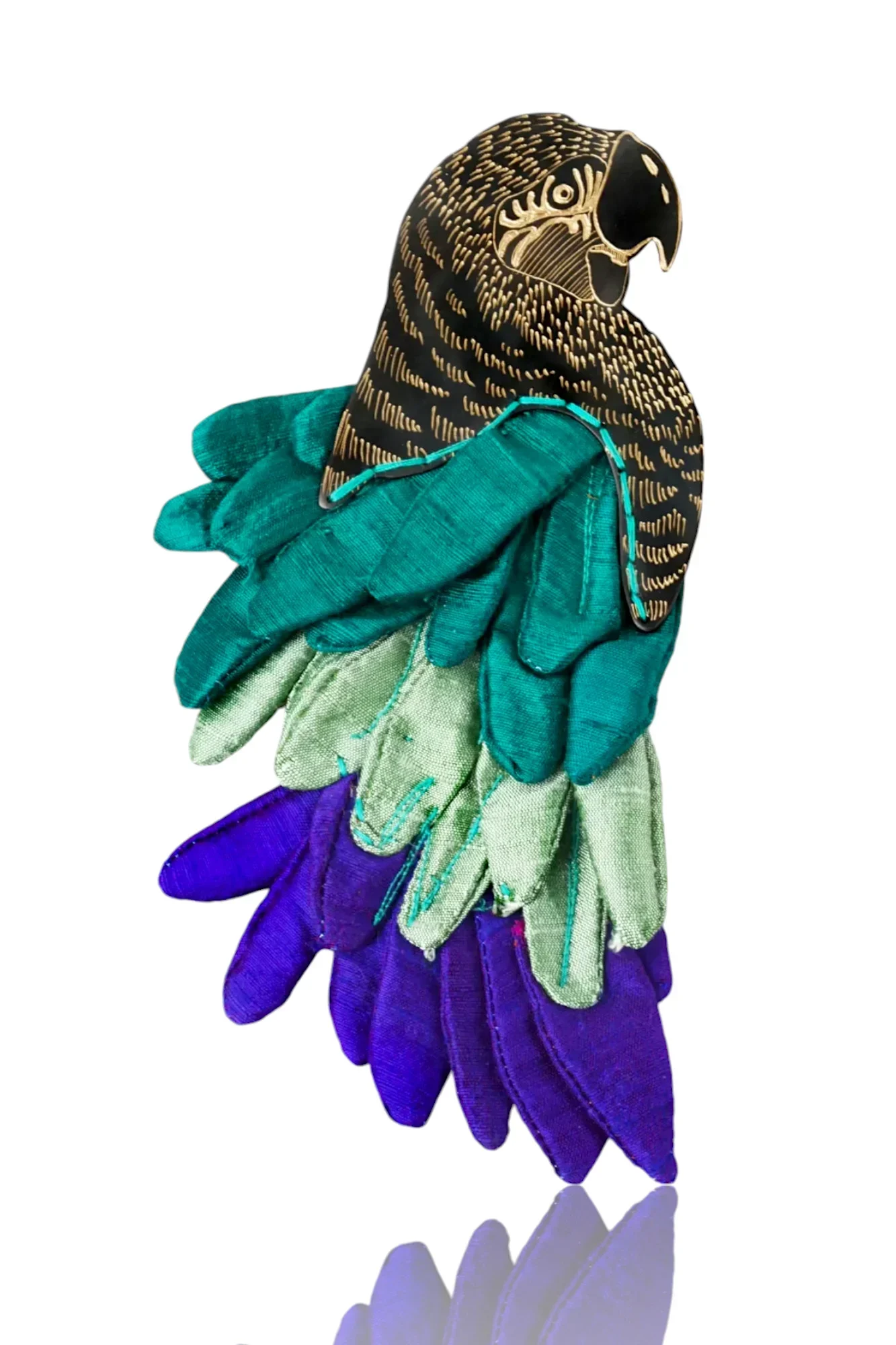 Handmade Jewellery | Parrot engraved bronze brooch with silk fabric main