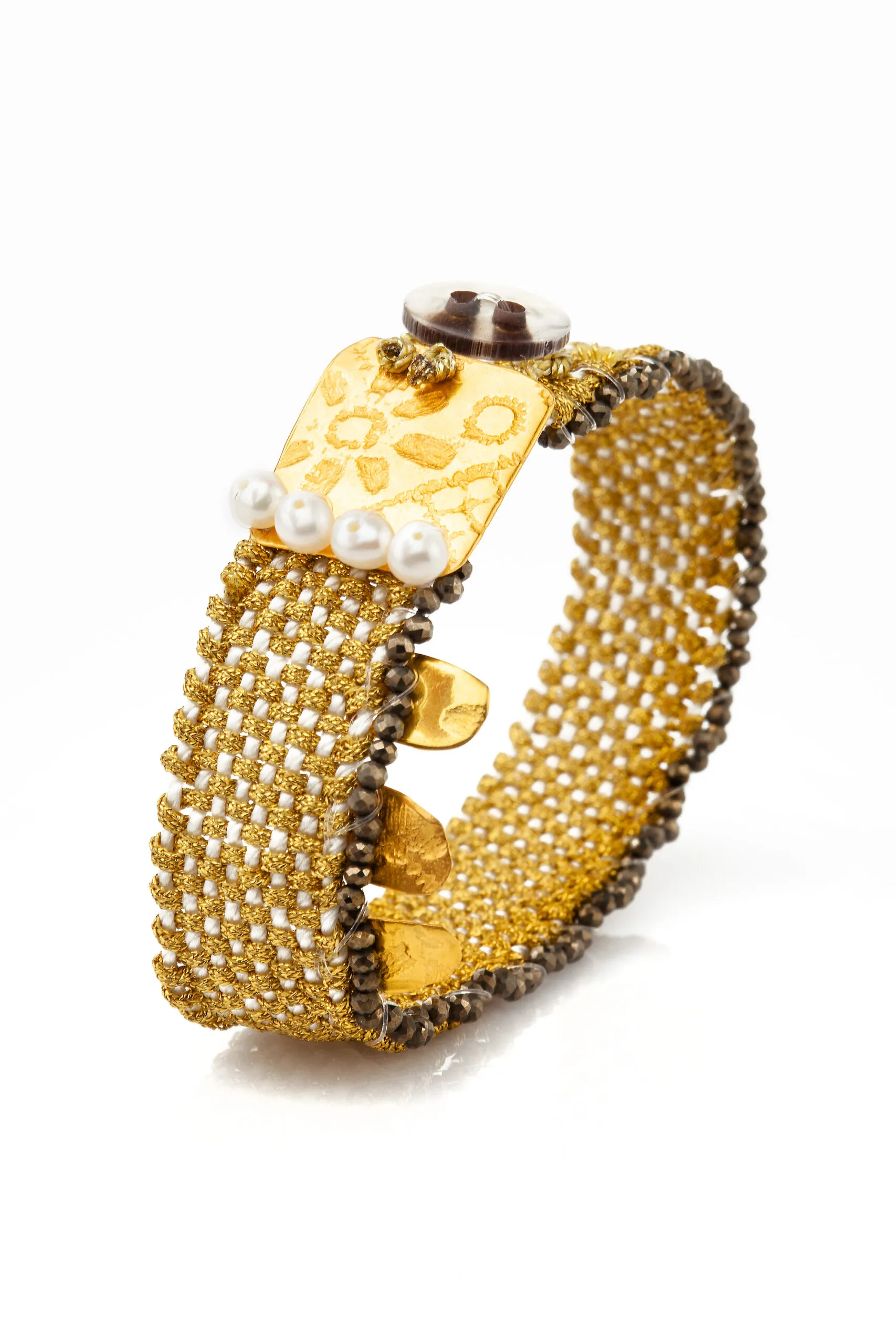 Woven bracelet with gold plated silver and pyrite