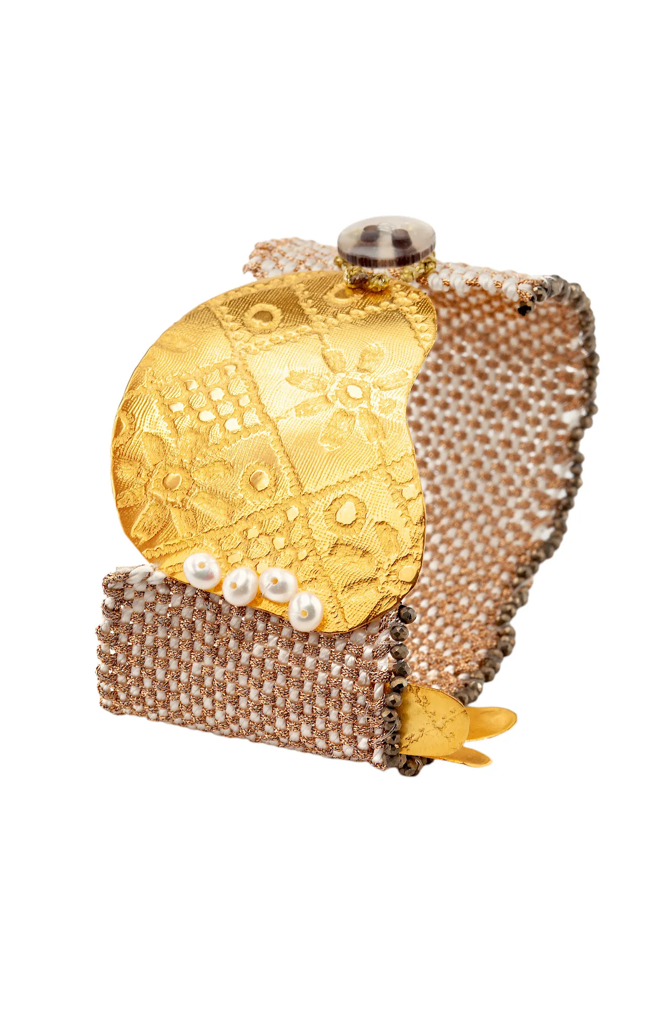 Woven light brown bracelet with gold plated silver and pyrite