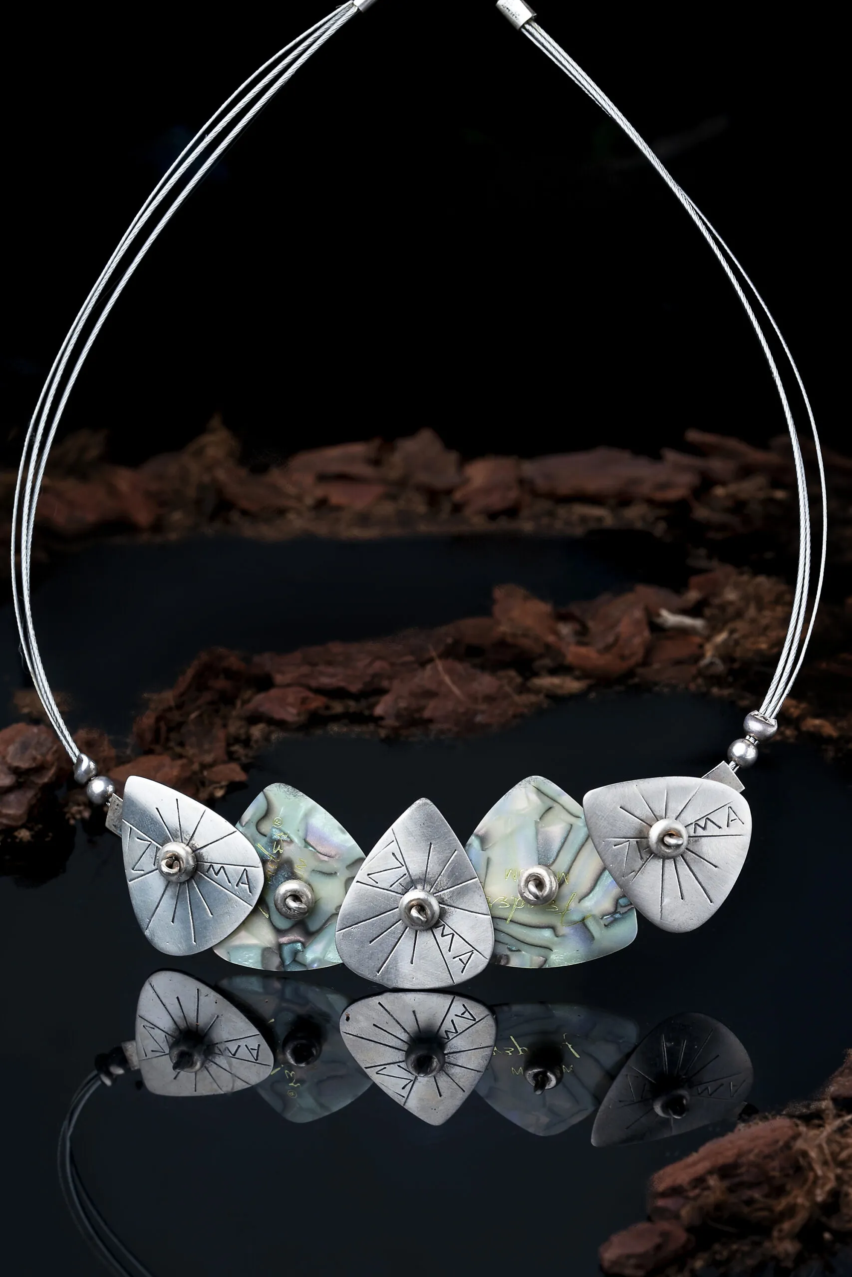 Handmade Jewellery | Oxidized silver necklace 925 with guitar picks made of mother of pearl gallery 1