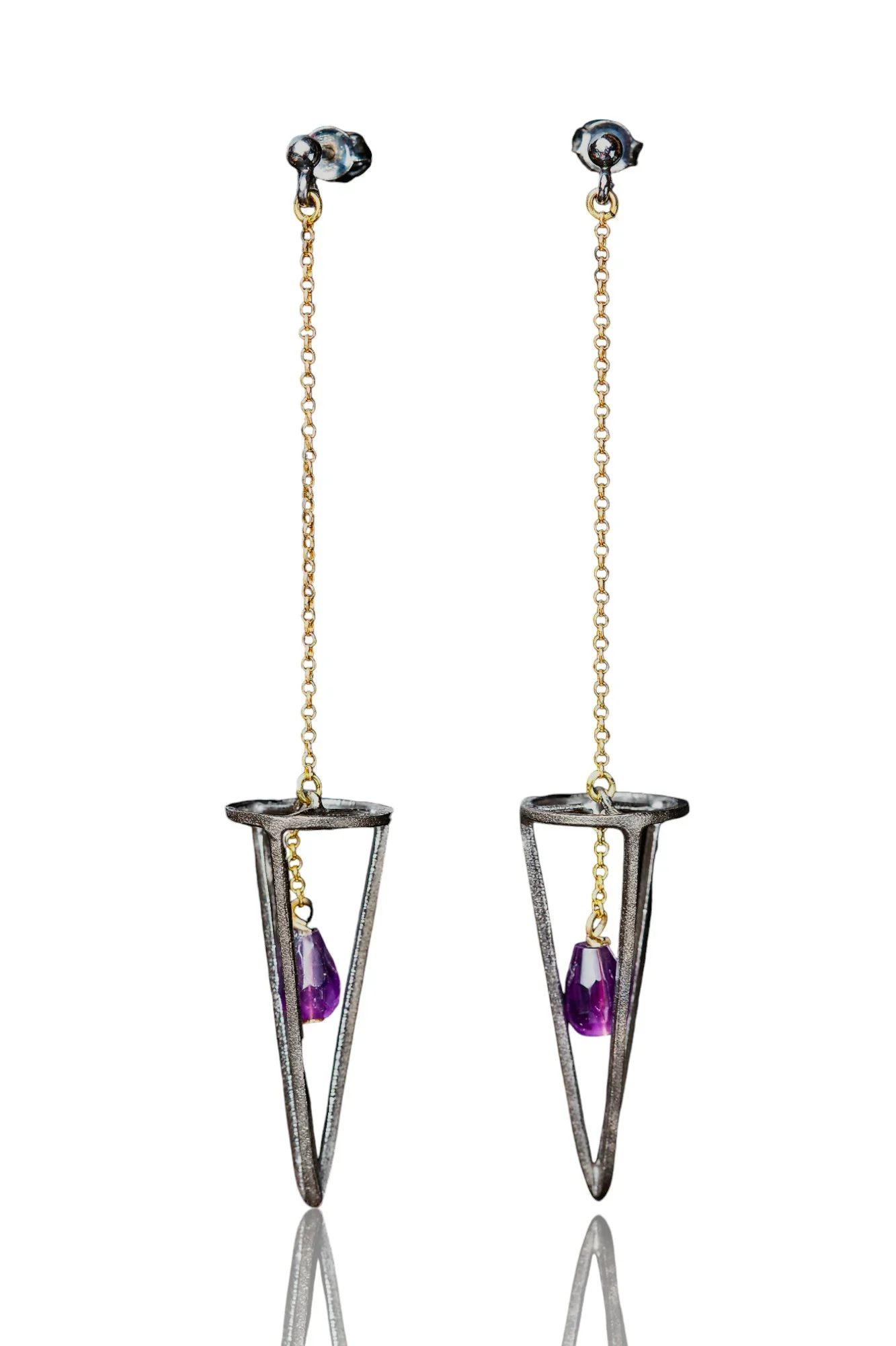 Handmade Jewellery | Cone silver gold and black plated earrings with amethyst main