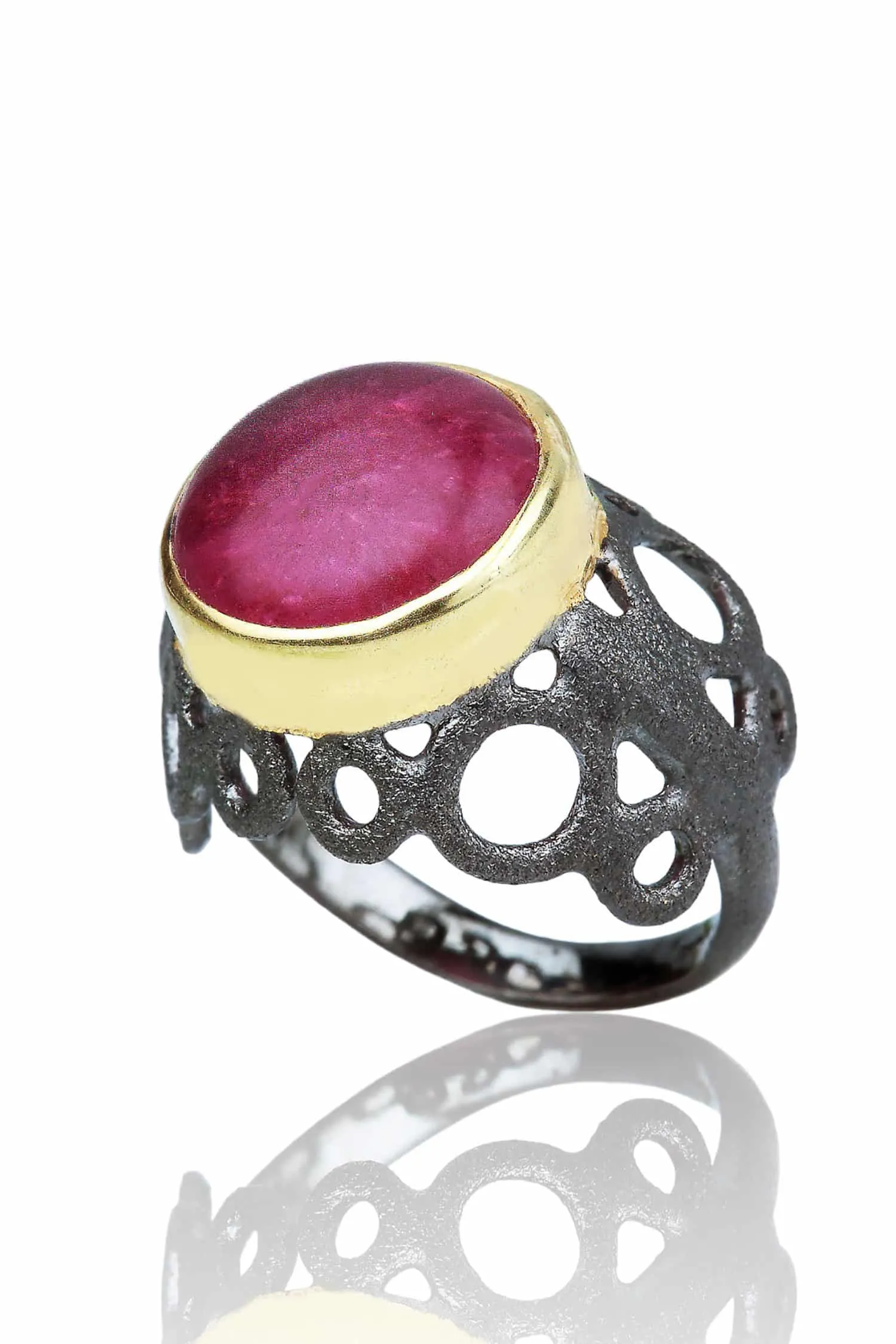 Handmade Jewellery | Ruby gold and black rhodium plated chevalier silver ring main