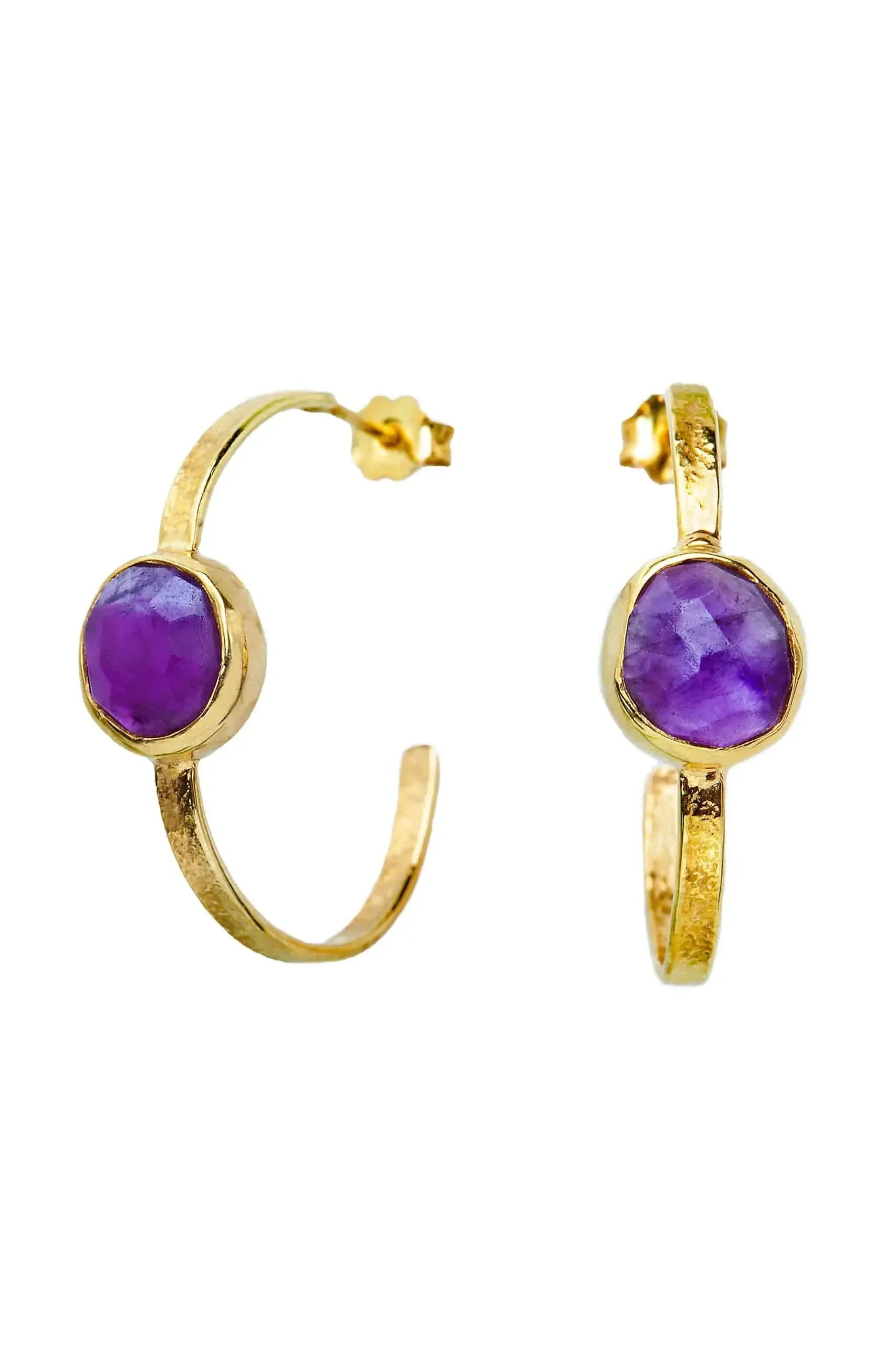 Handmade Jewellery | Amethyst gold plated silver hoops gallery 1