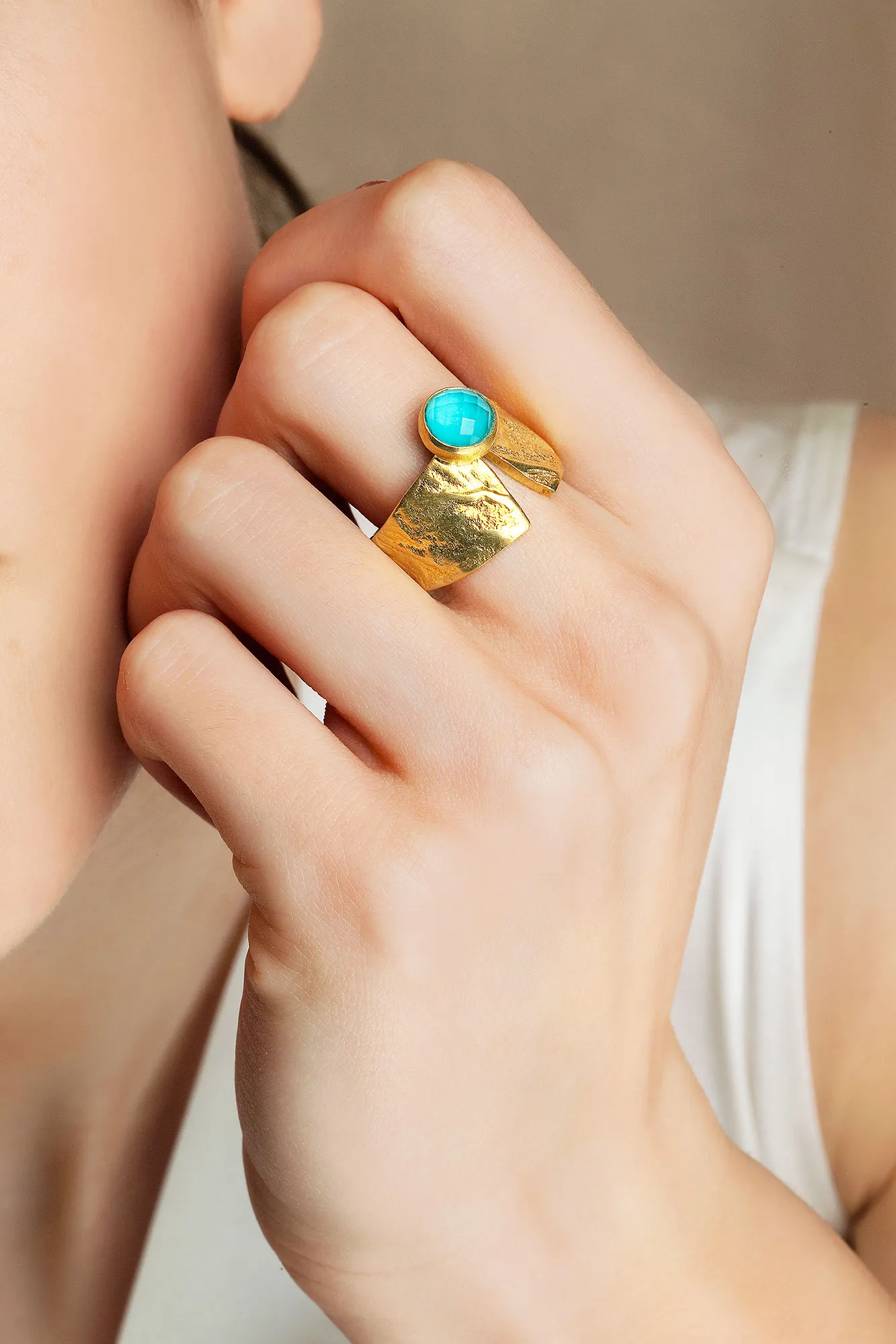 Handmade Jewellery | Turquoise gold plated textured silver ring gallery 3