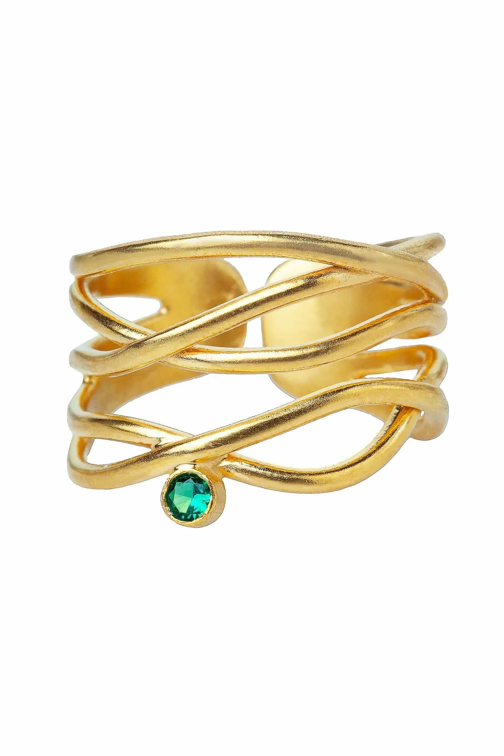 Waves gold plated silver ring with green zircon