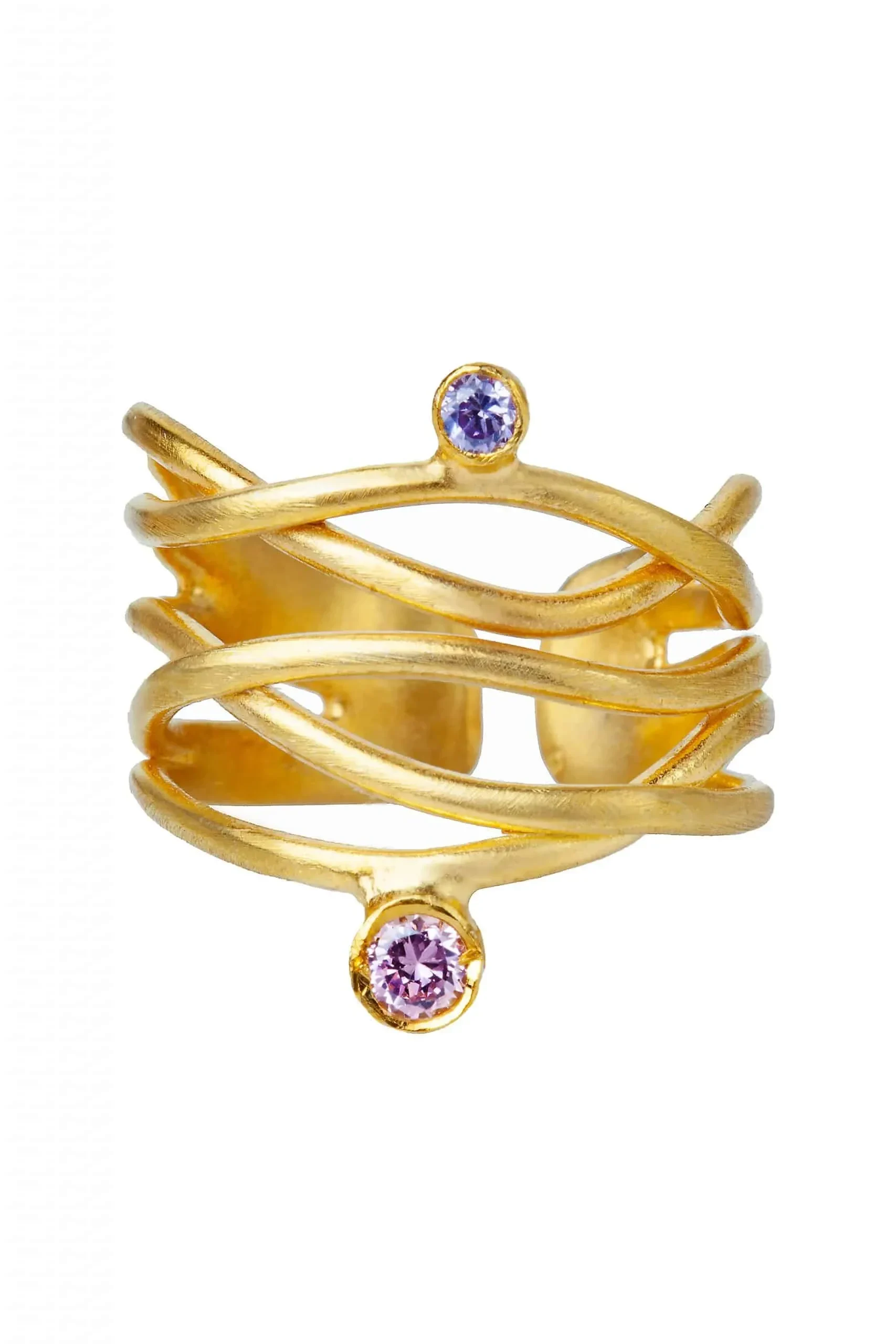 Handmade Jewellery | Waves gold plated silver ring with zircon main