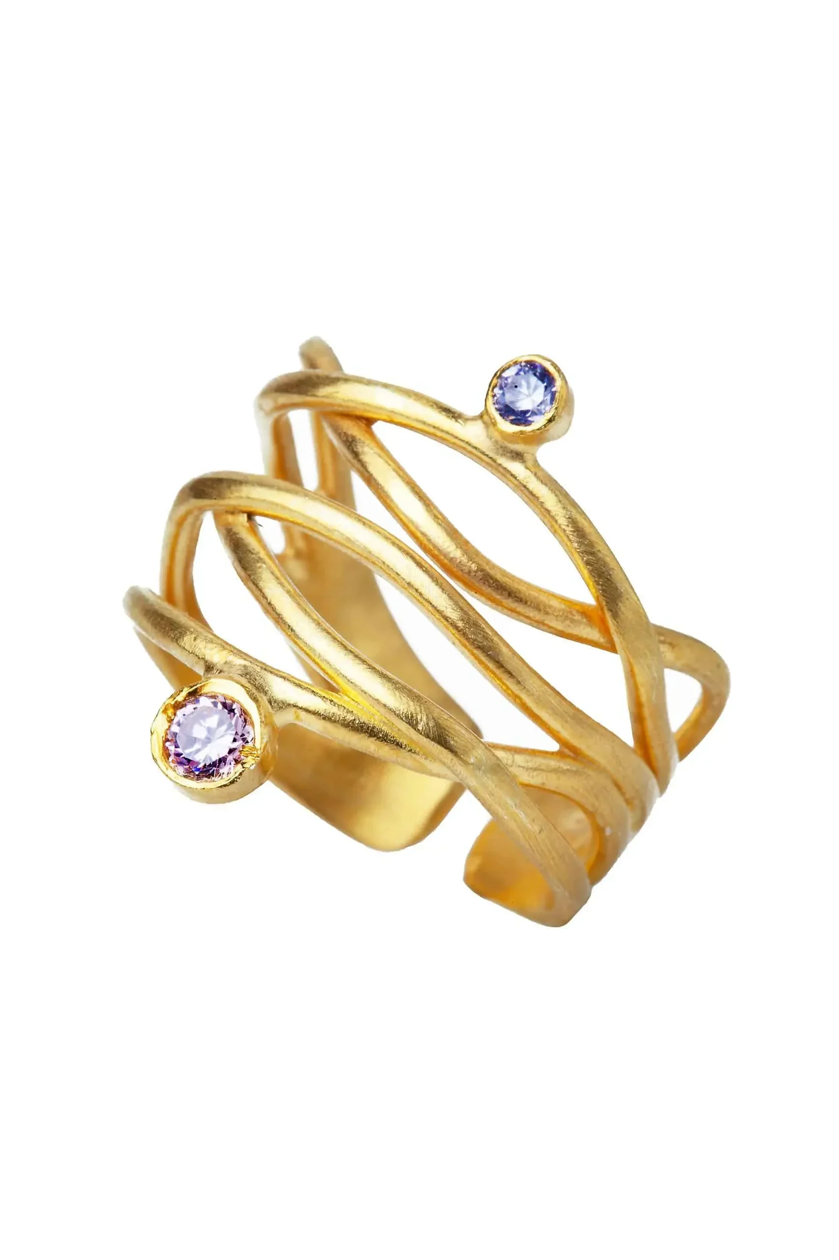 Handmade Jewellery | Waves gold plated silver ring with zircon gallery 1