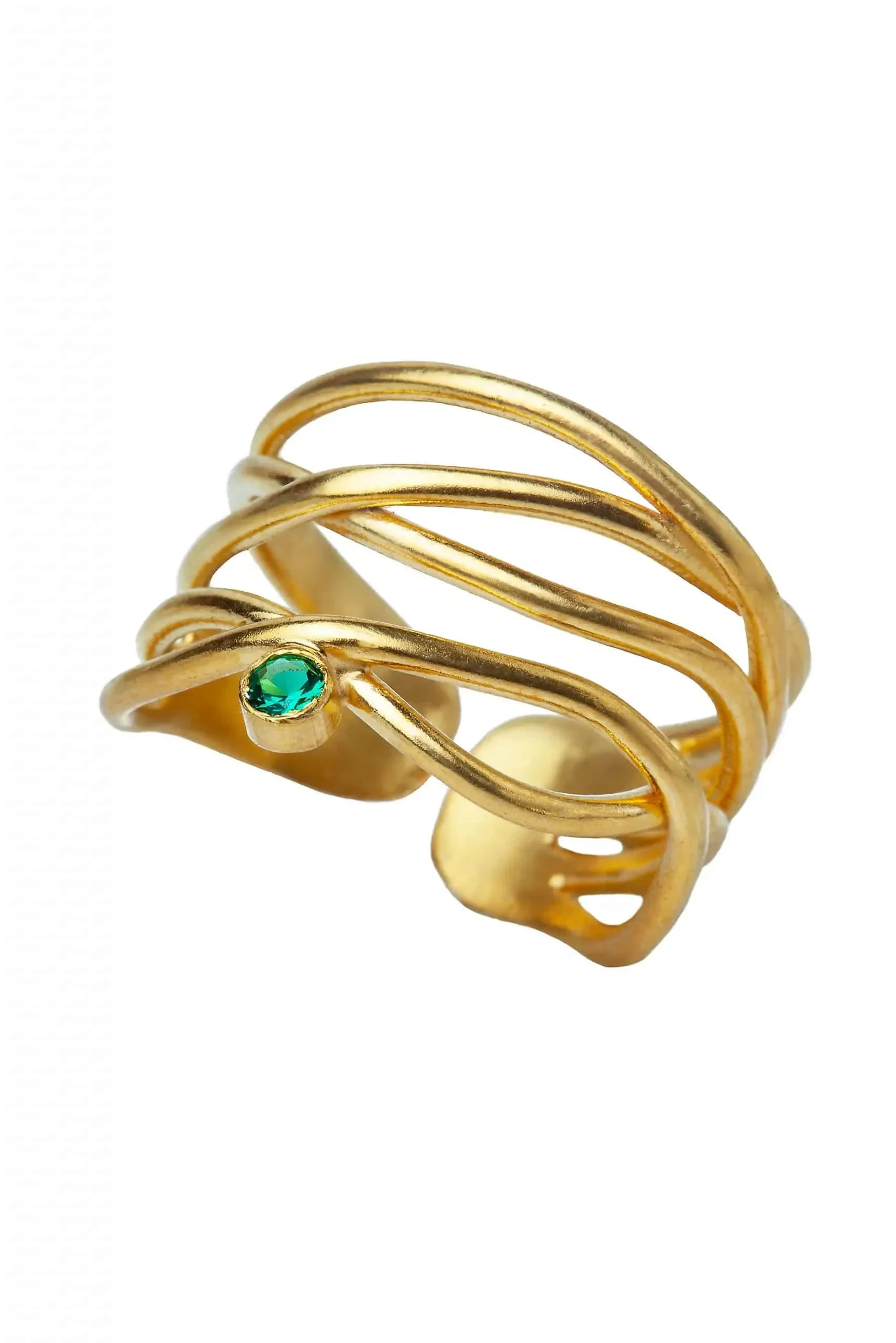 Handmade Jewellery | Waves gold plated silver ring with green zircon gallery 1