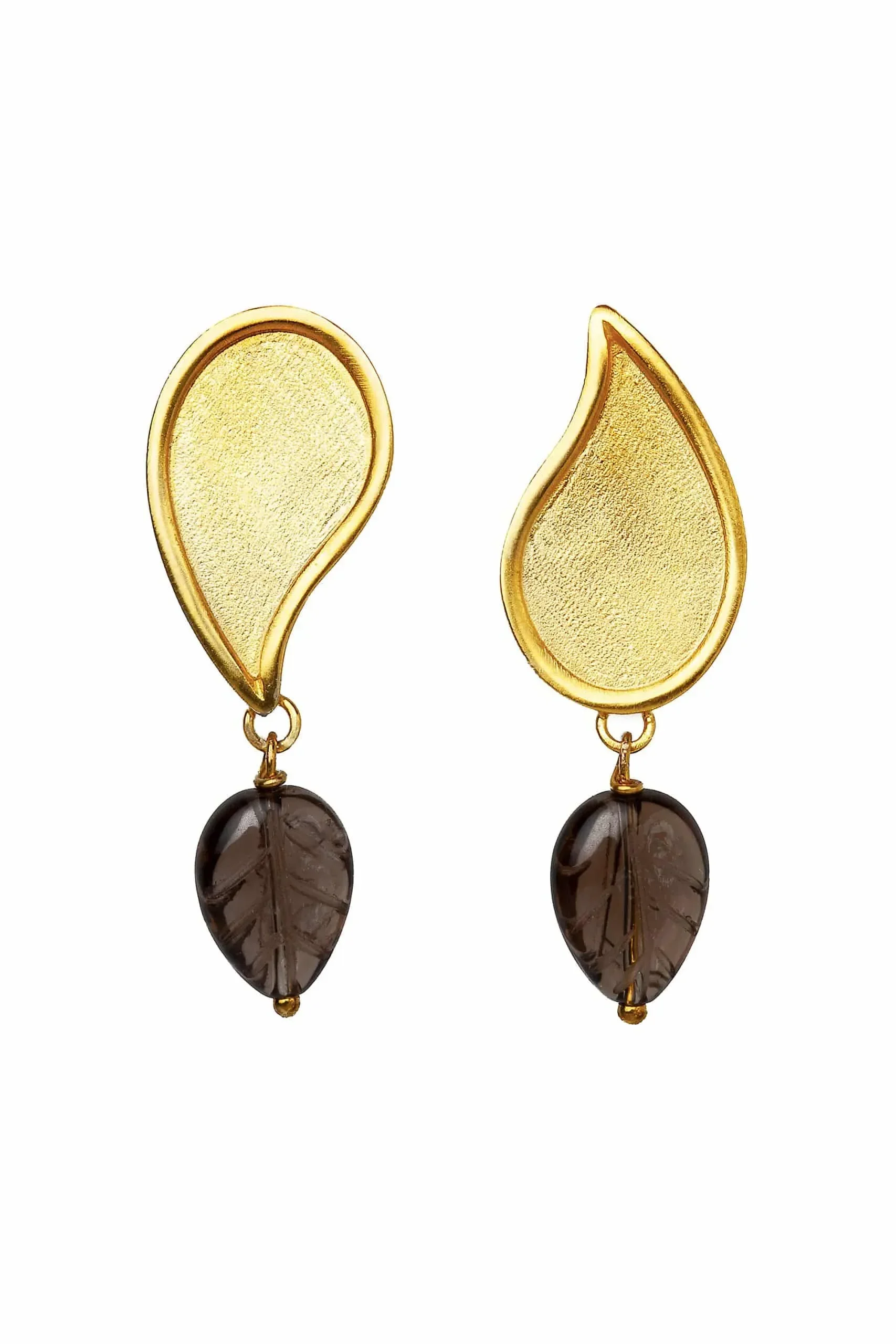 Smoky quartz paisley gold plated silver earrings