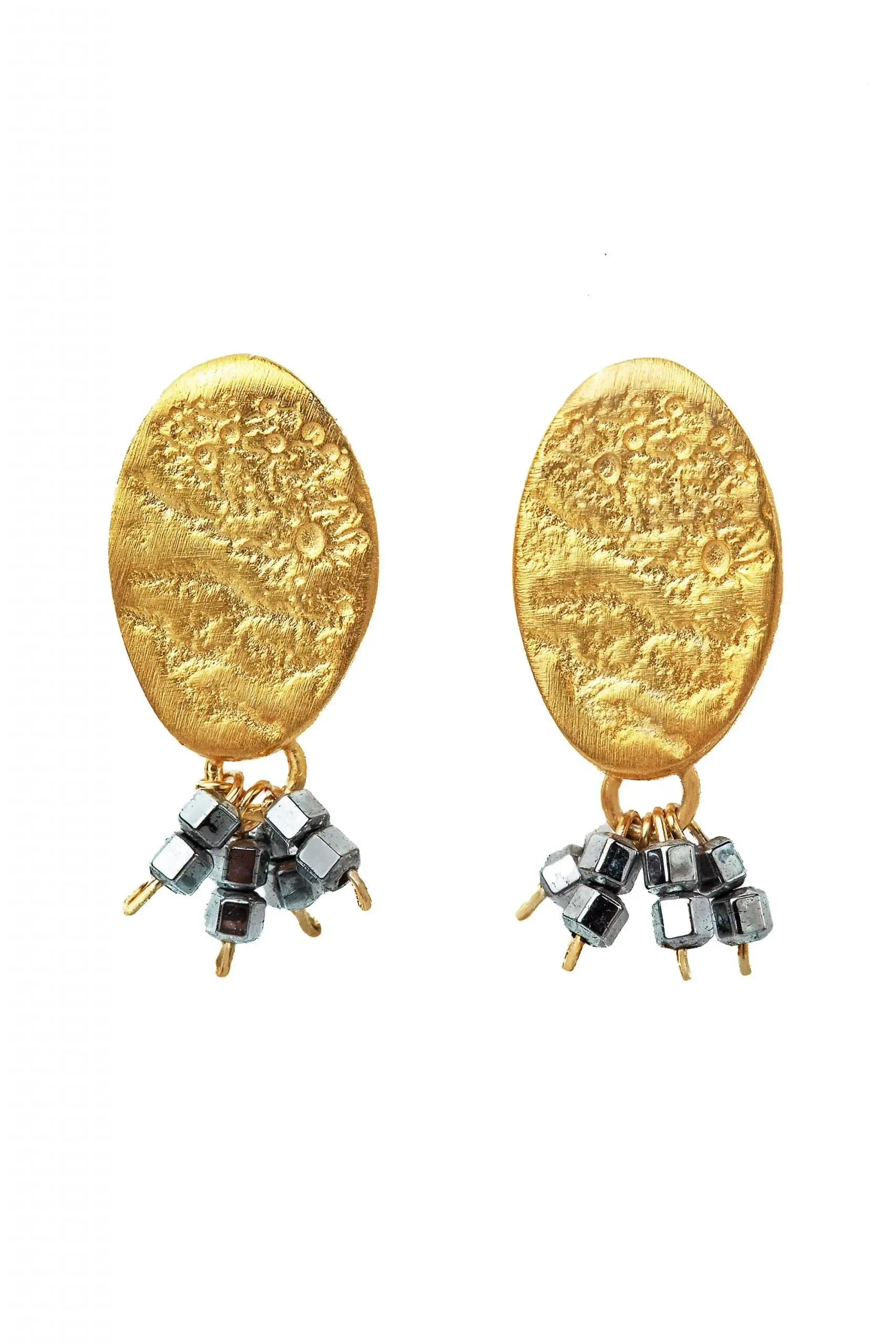 Handmade Jewellery | Textured oval gold plated silver earrings with hematite main