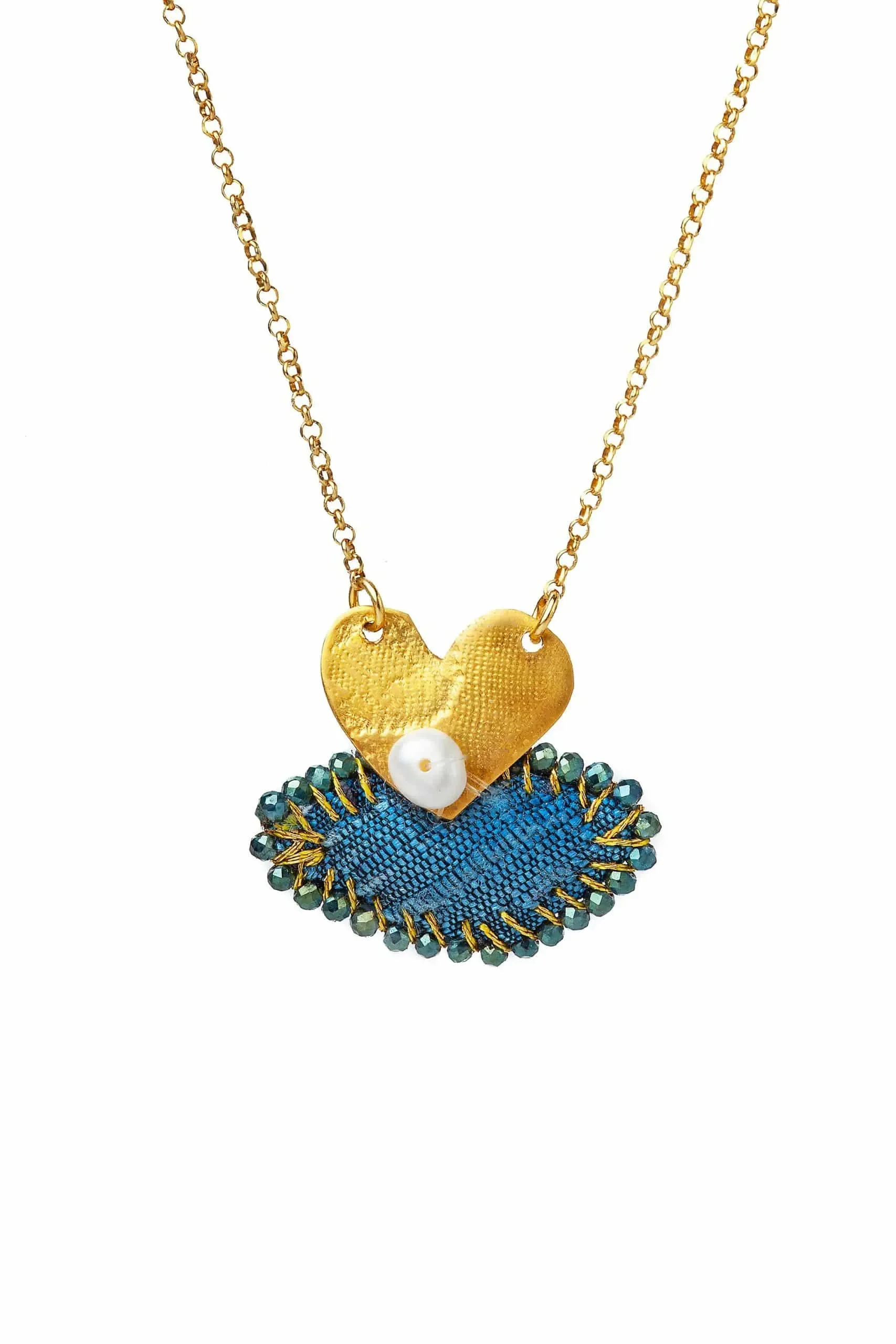 Handmade Jewellery | Heart gold plated silver necklace with fabric main