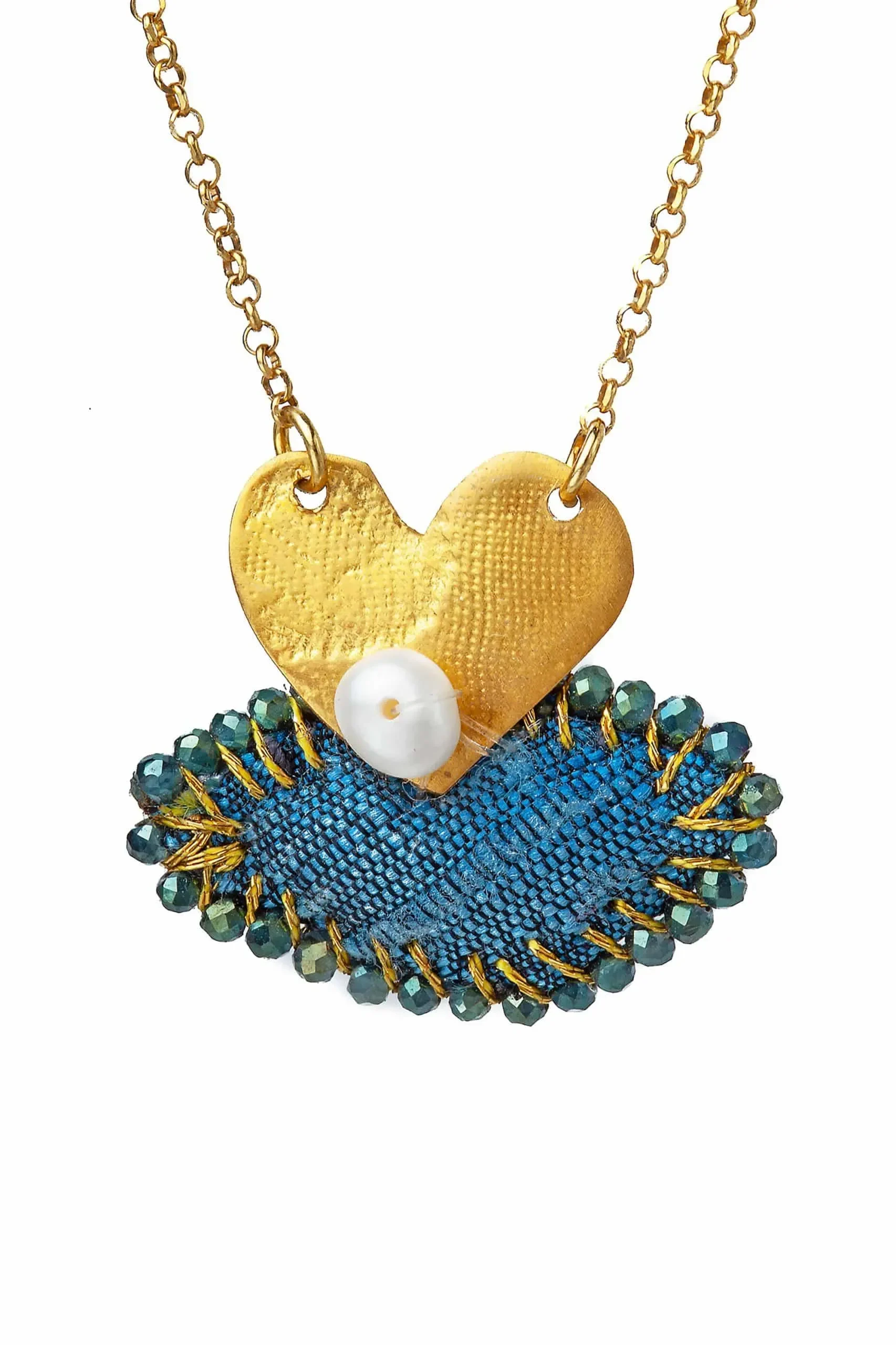 Handmade Jewellery | Heart gold plated silver necklace with fabric gallery 1