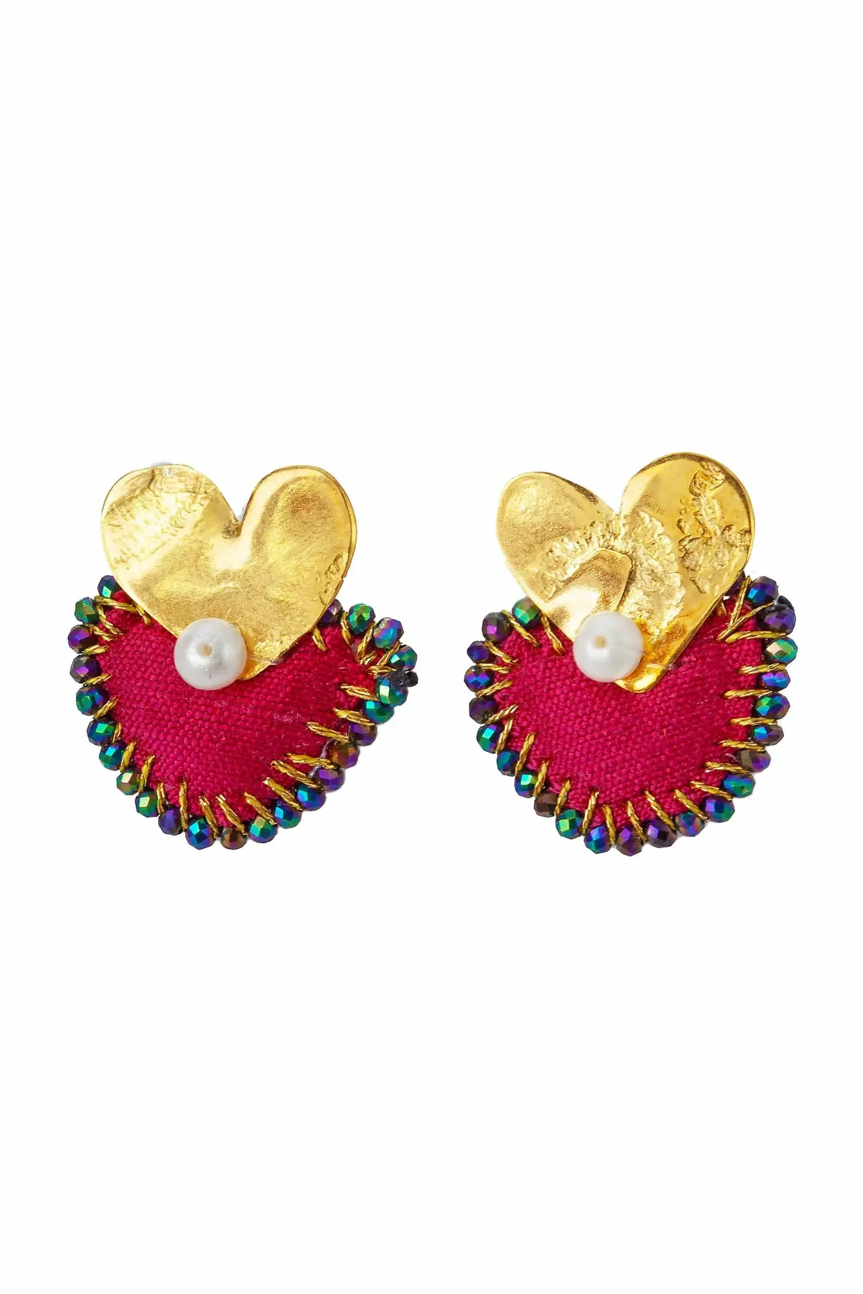 Handmade Jewellery | Hearts gold plated silver earrings with red fabric main