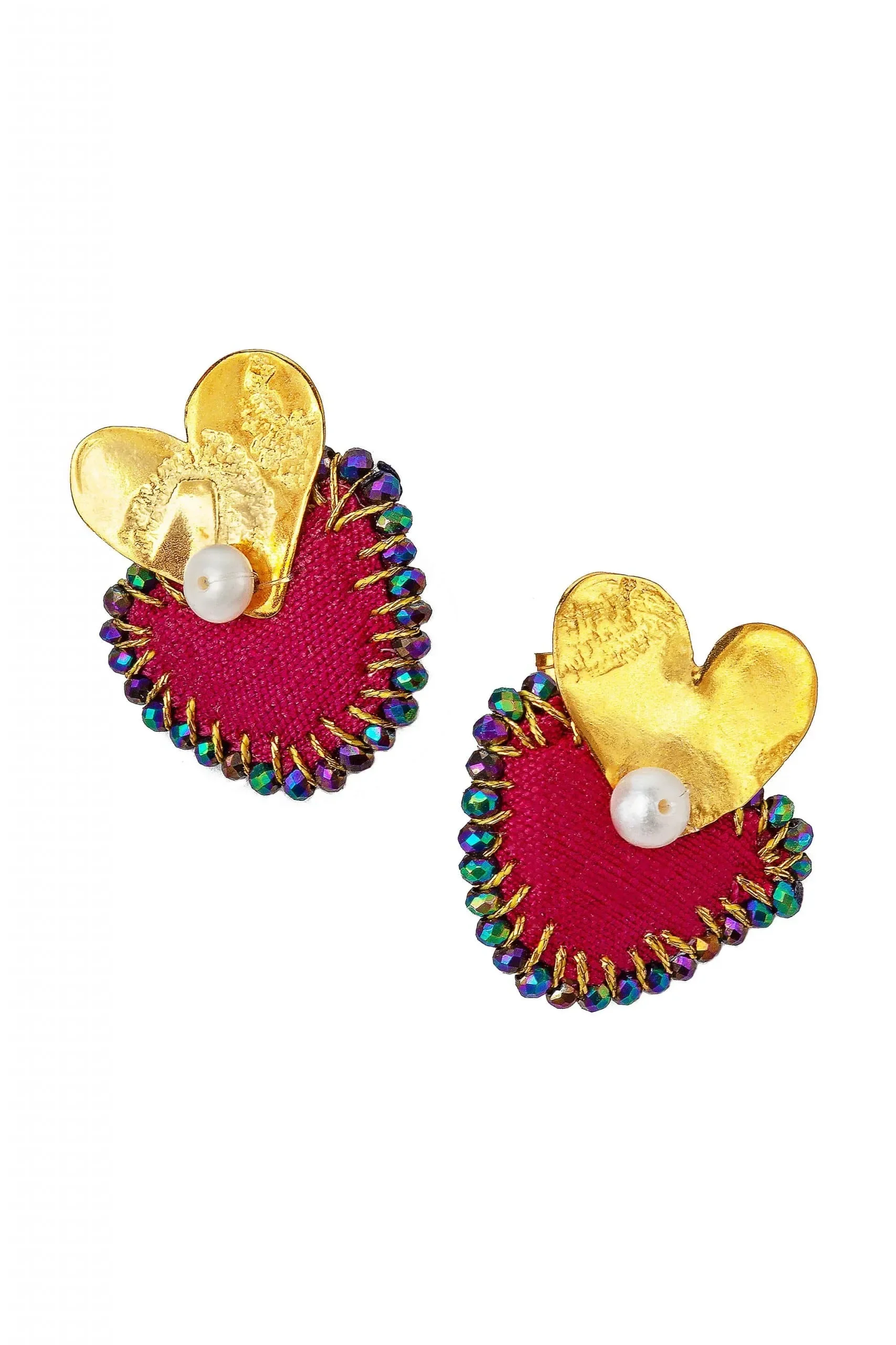 Handmade Jewellery | Hearts gold plated silver earrings with red fabric gallery 2