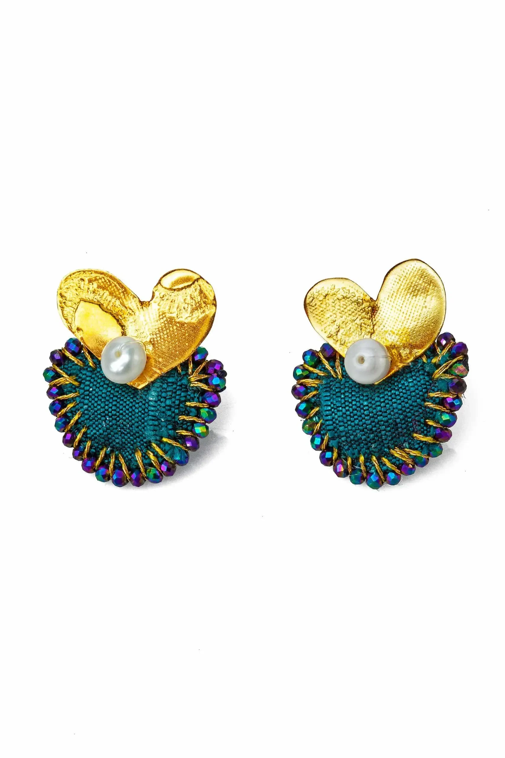 Handmade Jewellery | Hearts gold plated silver earrings with green fabric main