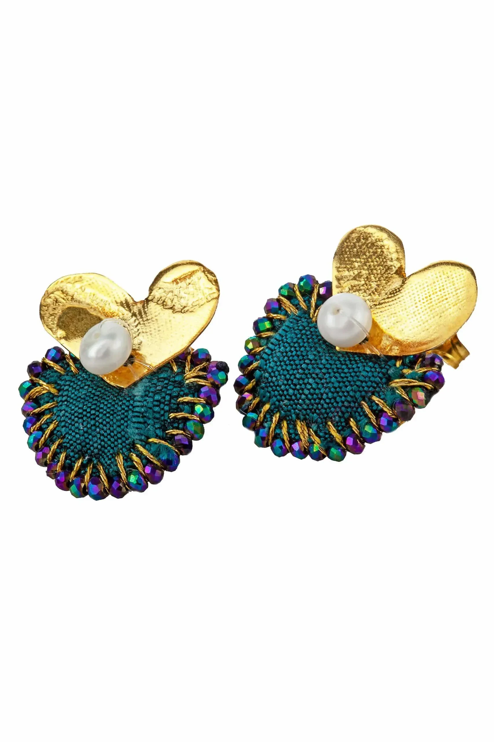 Handmade Jewellery | Hearts gold plated silver earrings with green fabric gallery 1