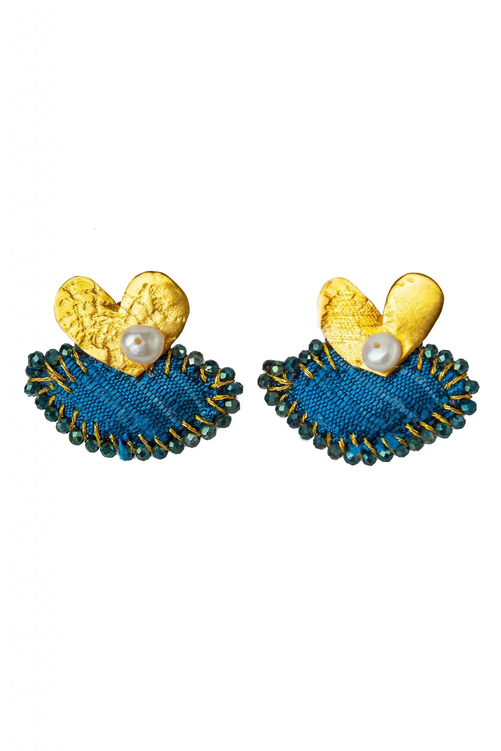 Handmade Jewellery | Hearts gold plated silver earrings with blue fabric main