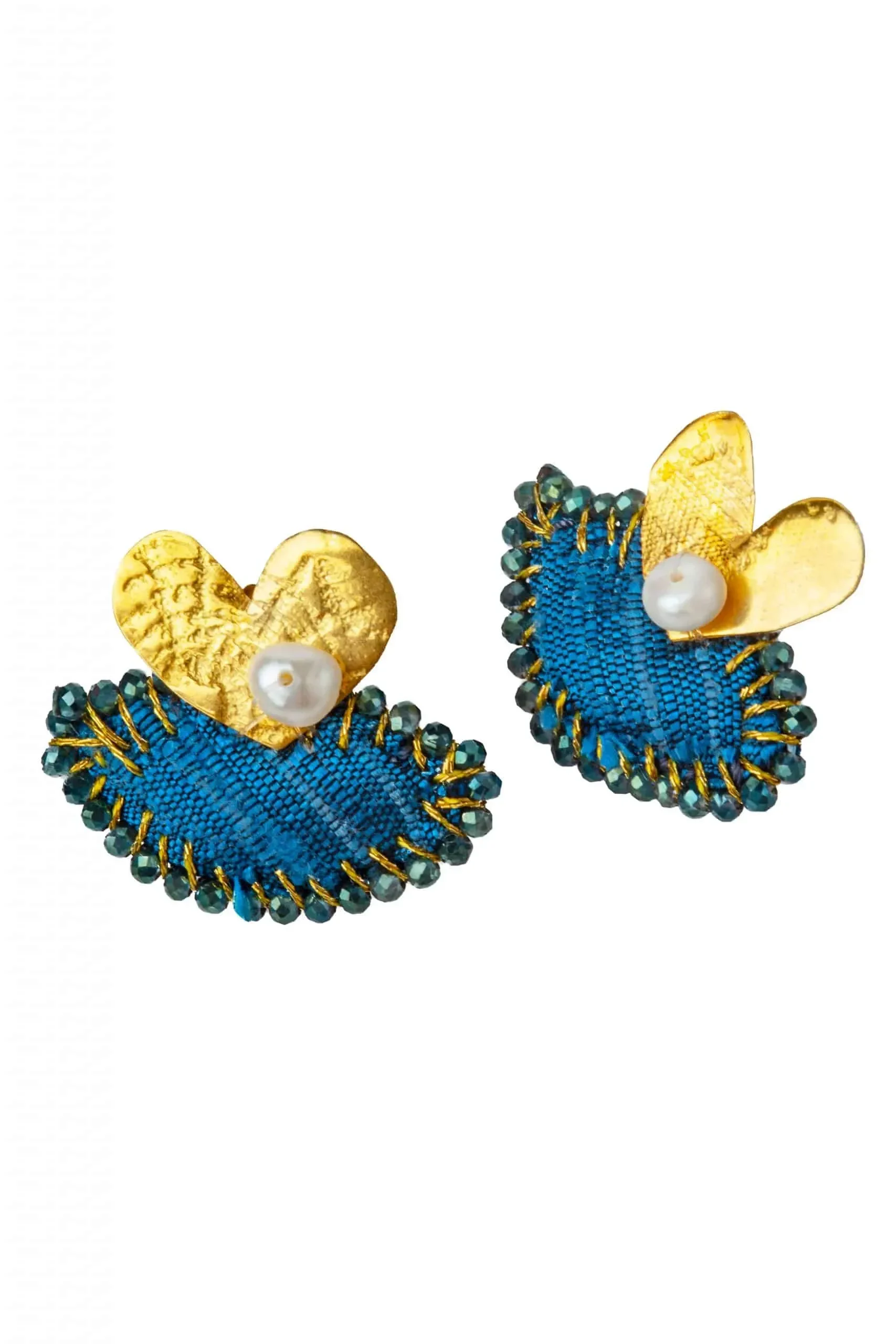 Handmade Jewellery | Hearts gold plated silver earrings with blue fabric gallery 1