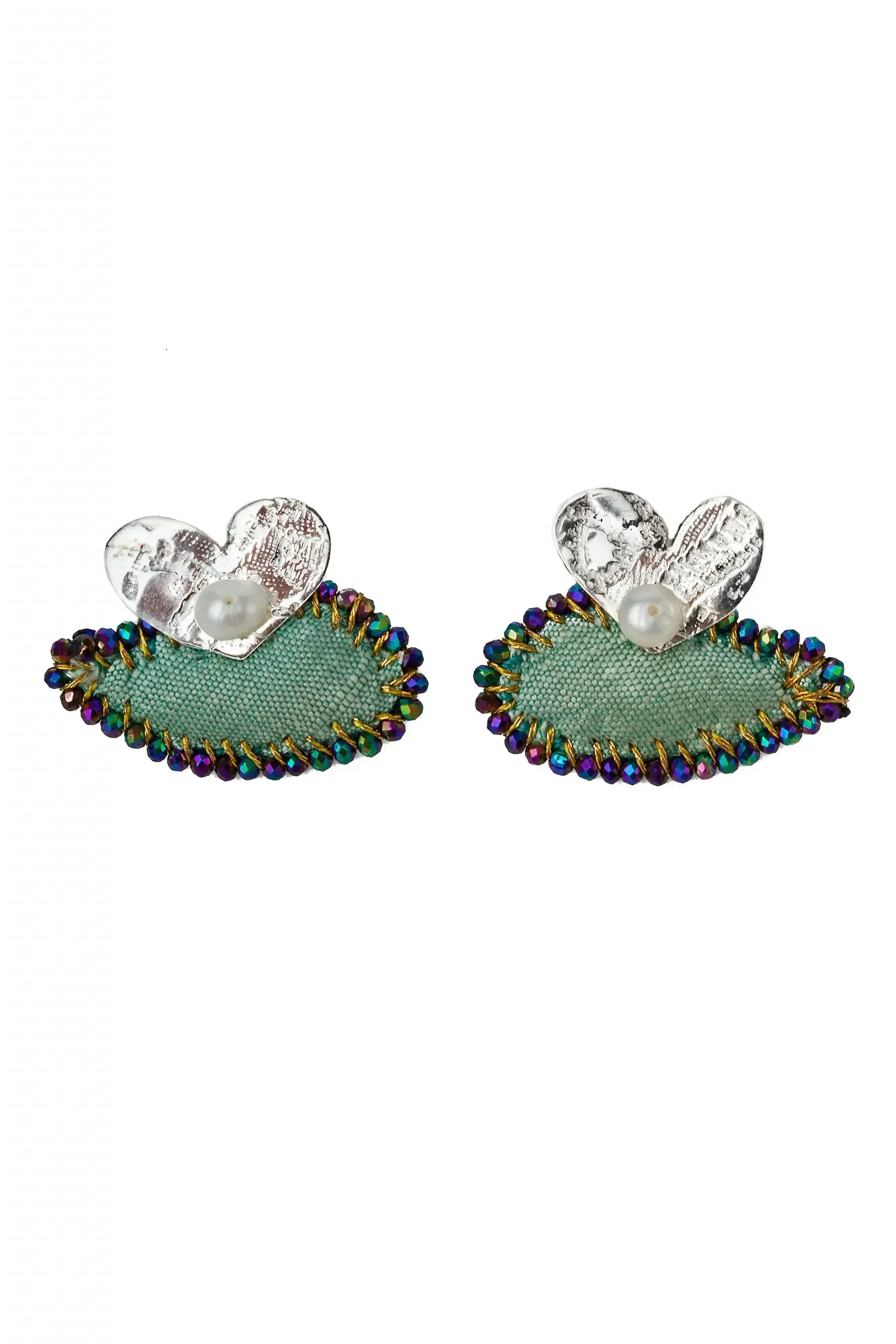 Hearts silver earrings with green fabric