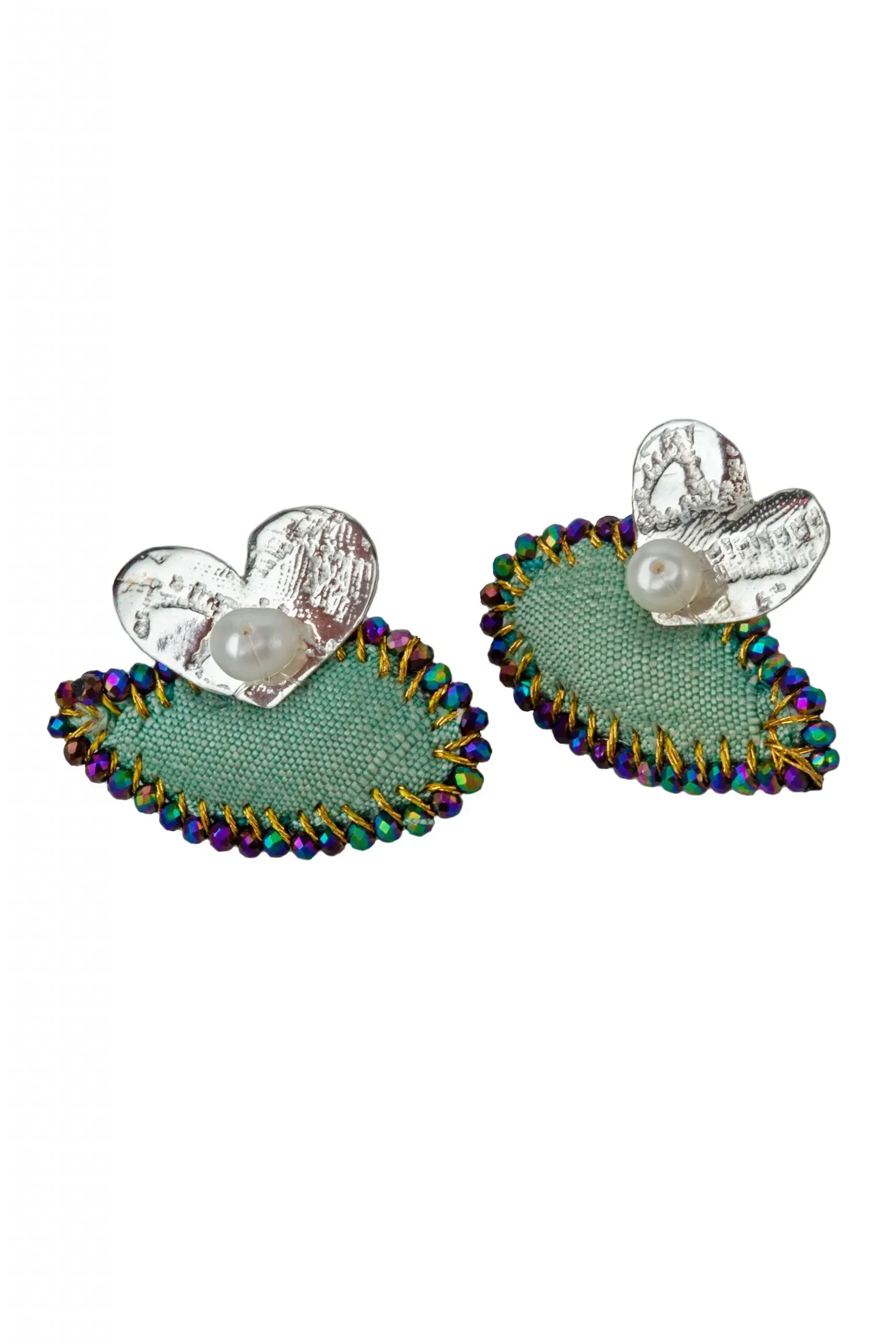 Handmade Jewellery | Hearts silver earrings with green fabric gallery 1