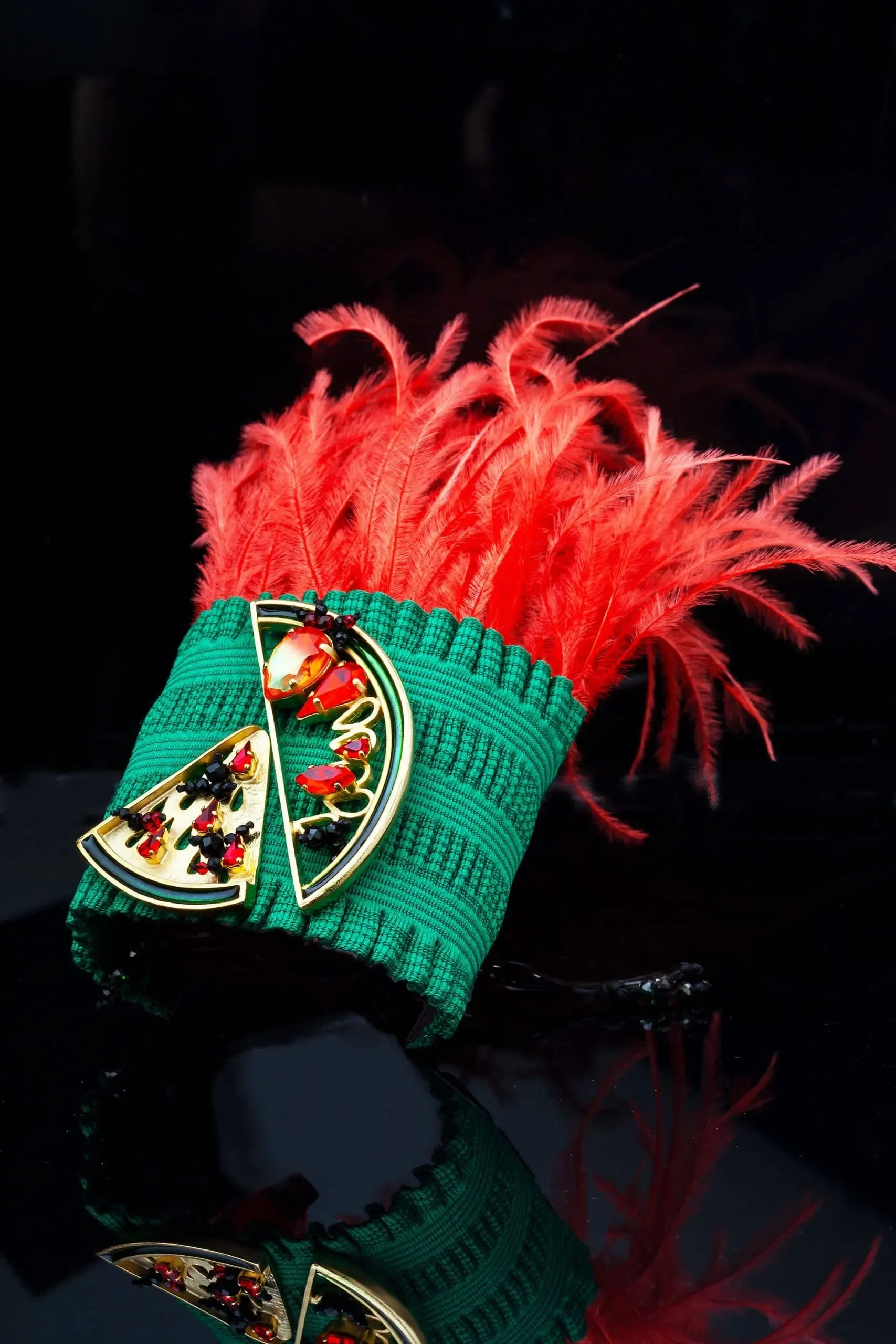 Handmade Jewellery | Watermelon bronze bracelet with swarovski crystals and feathers gallery 5