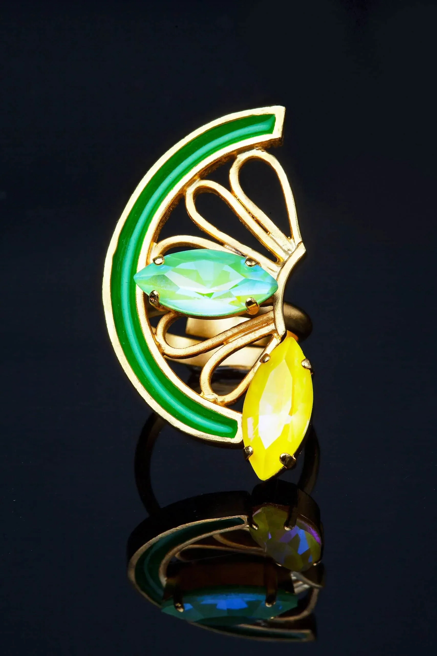 Handmade Jewellery | Lemon bronze ring with Swarovski crystals and green enamel gallery 2