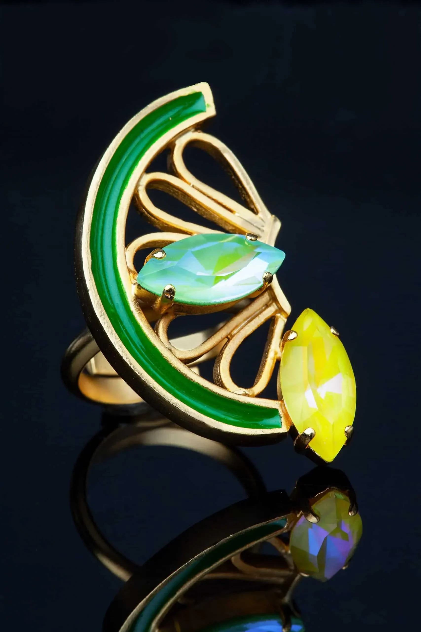 Handmade Jewellery | Lemon bronze ring with Swarovski crystals and green enamel gallery 3