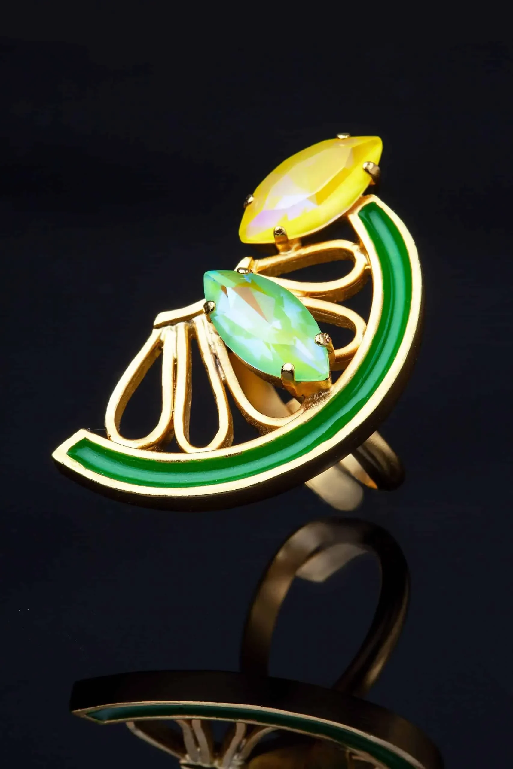 Handmade Jewellery | Lemon bronze ring with Swarovski crystals and green enamel gallery 4