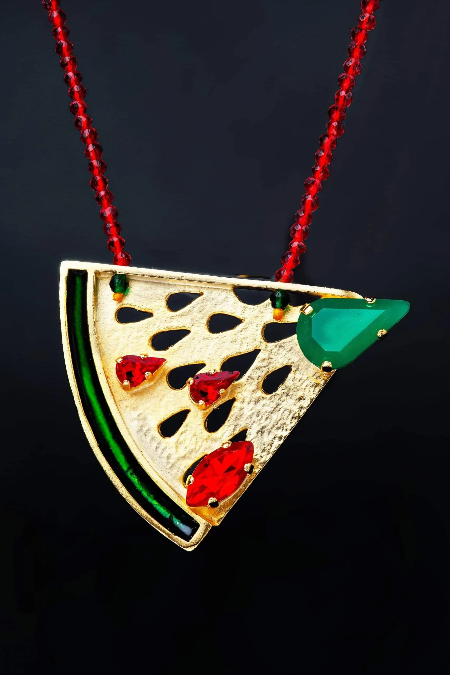 Handmade Jewellery | Watermelon handmade gold plated necklace with swarovski crystals gallery 1